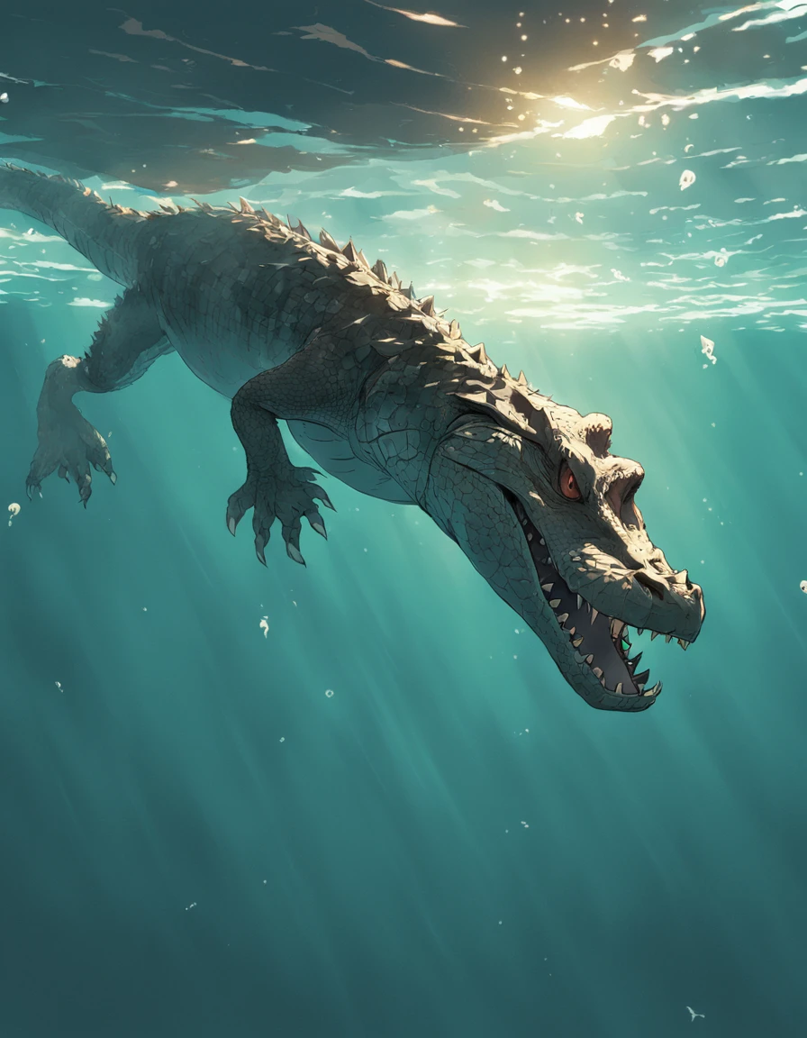 "majestic crocodile gracefully diving underwater"