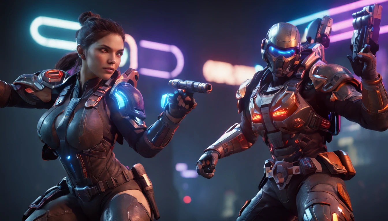 "Create a mesmerizing gaming-themed artwork with stunning graphics, immersive atmosphere, and intense action. Showcase the protagonist as a skilled warrior with futuristic armor and glowing eyes. Surround them with a dynamic environment filled with high-tech elements, neon lights, and epic scenery. Feel the thrill of the game through the vibrant colors, detailed textures, and dynamic camera angles. Capture the essence of an intense battle with special effects, explosions, and dynamic motion. Let the artwork bring out the adrenaline and excitement of the gaming experience."