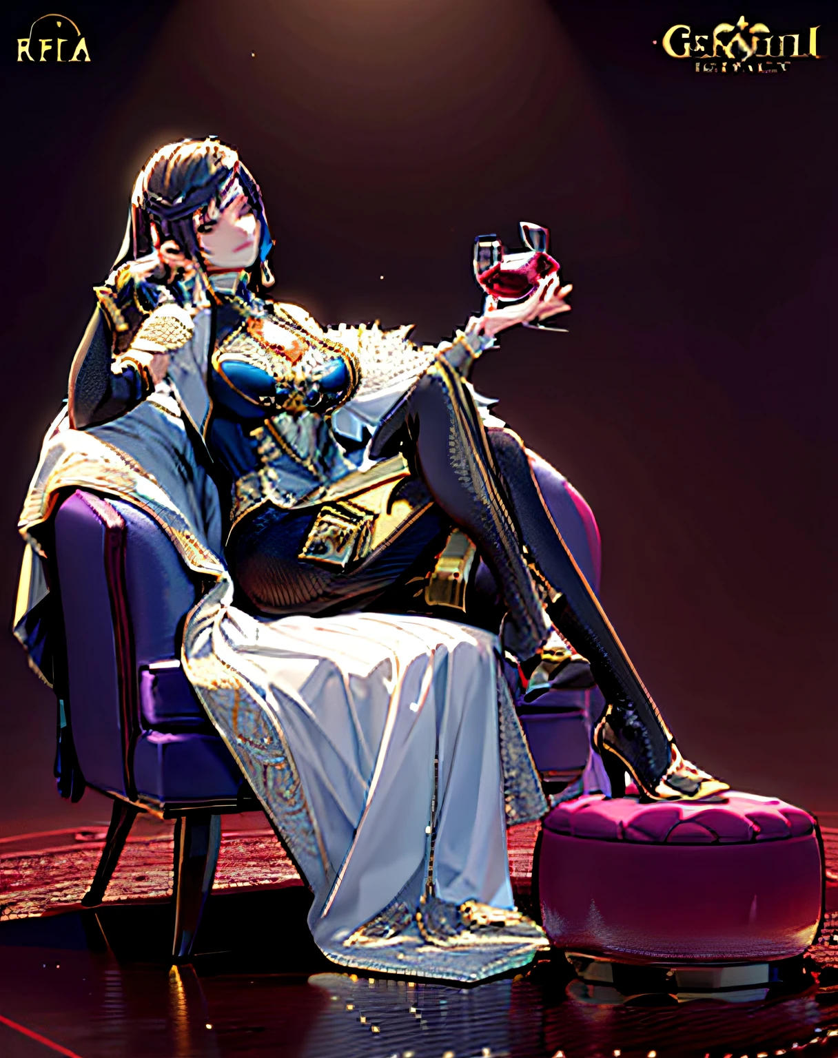 araffe sitting on a chair with a glass of wine in her hand, royal elegant pose, 3 d render character art 8 k, elegant cinematic pose, by senior character artist, ( highly detailed figure ), regal pose, portrait knights of zodiac girl, 8k high quality detailed art, pvc figurine, highly detailed character, seated in royal ease