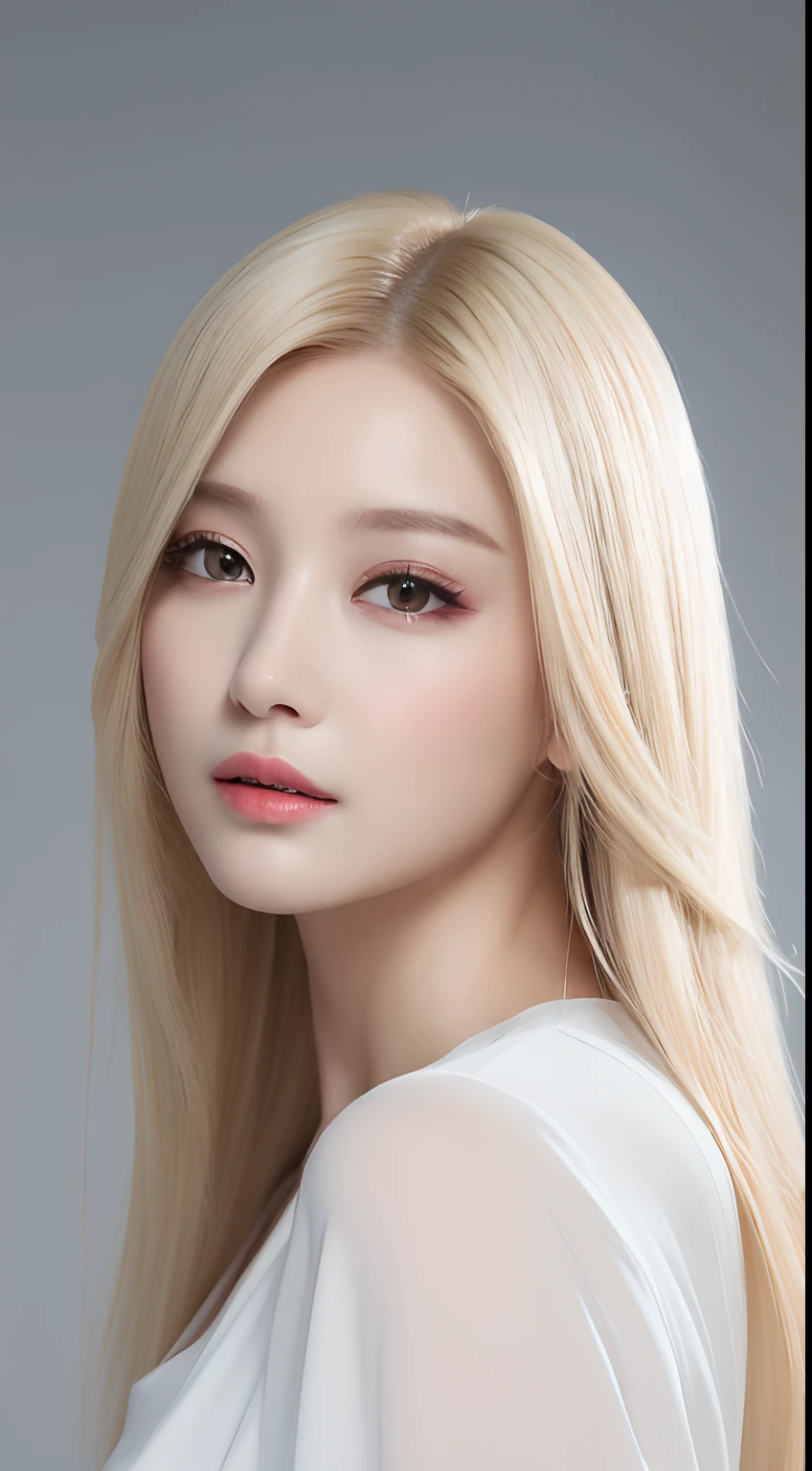 ((Realistic lighting、top-quality、8K、masterpiece:1.3))、Clear focus:1.2、1girl in、flawless beauty:1.4、slim((blonde hair))、Neat and clean clothing、One-piece clothes、Superfine Face、Narrow-eyed、二重まぶた、lighting like a movie、photos realistic、28 year old、Straight hair、Face like a K-pop idol、white backgrounid、Gray background、Mature Woman、Classy makeup、Light hair color Blonde、Angle of pull、