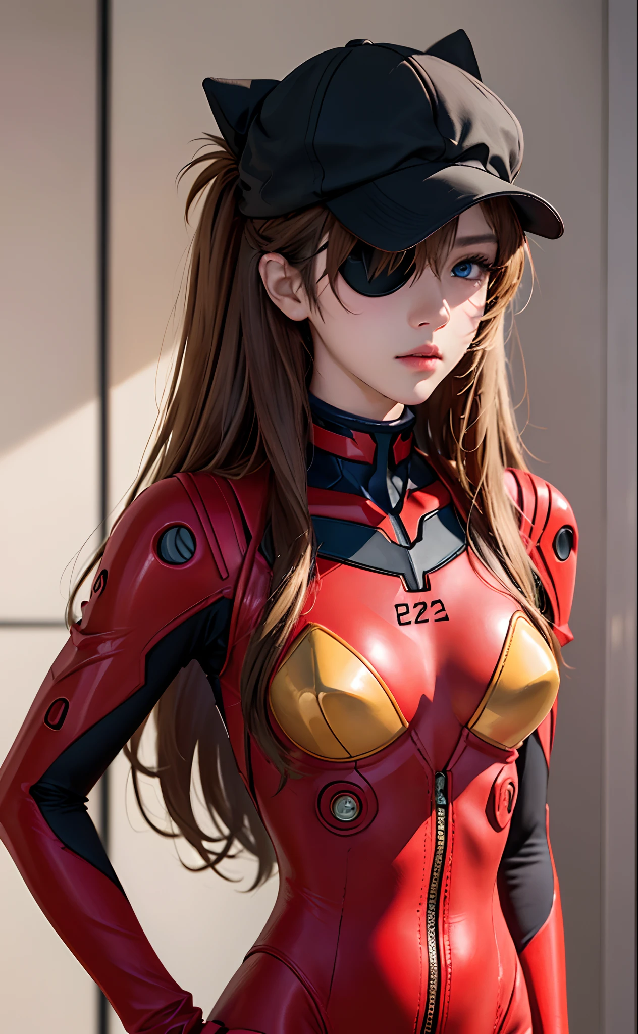 (A masterpiece:1.4、HighestQuali)、(intricately details)、Unity8k wallpapers、ultra - detailed、Beautiful and mysterious、Detailed background、hentail realism、Solo、Perfectly detailed face、Detailed blue eyes、highly  detailed、face flushed、hair adornments、Chignon mahogany hair、(Blonde hair)、Plug Suit 02,Shikinami Asuka Langley、Evangelion、Slender 15 year old girl、Black banded eye patch on left eye、Full body suit、with black background、On the waist、Pirate hat、Red chest、Red jersey、White line on the arm，Reveal a little panties