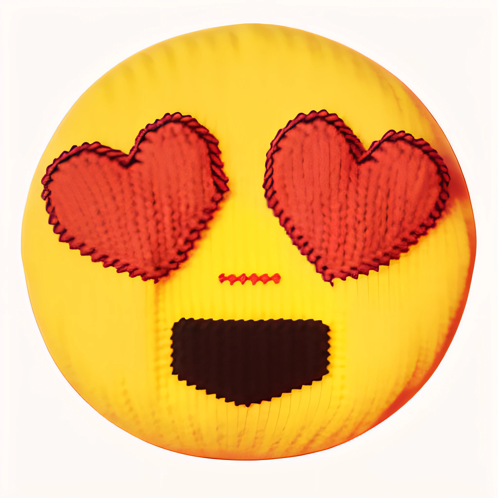 knitted from yellow yarn round happy emoji with heart eyes, knitted from yarn bas-relief, realistic knitted from yarn round happy emoji, knitted from yellow yarn & black yarn & red yarn emoji