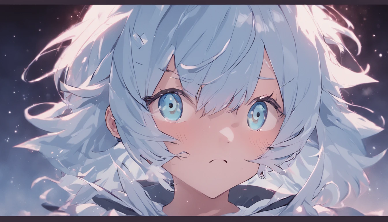 hair bobbles, wince, solid circle eyes, Ear blush, Fang, Star-shaped pupils, Cat ear headphones, Light blue hair, White hair, shadowing, anaglyph, stereograms, tachi-e, angle of view, Atmospheric perspective, 8K, Super detail, ccurate, A high resolution