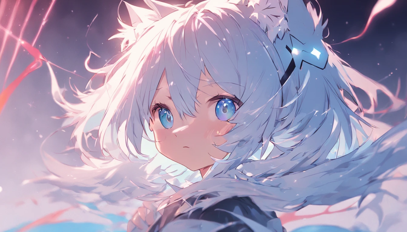 hair bobbles, wince, solid circle eyes, Ear blush, Fang, Star-shaped pupils, Cat ear headphones, Light blue hair, White hair, shadowing, anaglyph, stereograms, tachi-e, angle of view, Atmospheric perspective, 8K, Super detail, ccurate, A high resolution