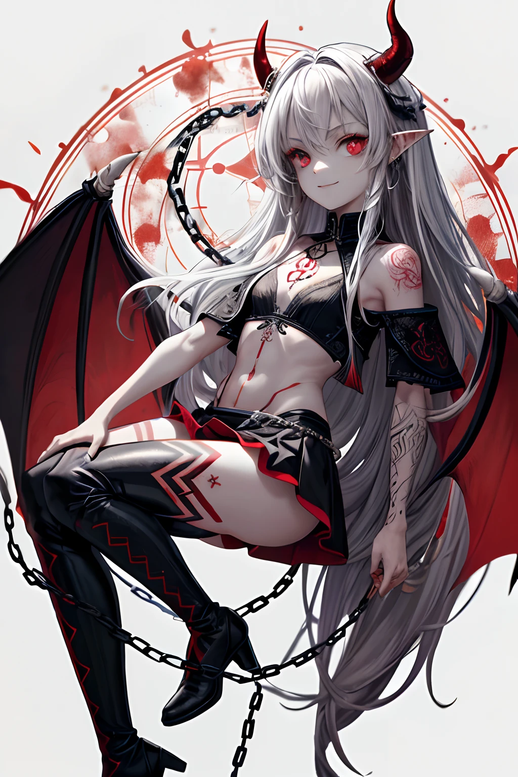 (Ashenhard style:1.4), tmasterpiece, top-quality, high high quality,(Has a dark red glow and red eyes、Dark shapeless creatures surrounded by darkness:1.2), (In profile), (Dark:1.2), abstraction, abyssal, an award winning photograph, depth of fields, NFFSW, The is very detailed, trending on artstationh, Trending in CGSighbour, twists, high detal,(tmasterpiece:1.2、top-quality)、(The best lighting、Extremely Delicately Beautiful)、(The best lighting、Extremely Delicately Beautiful)、(beautifull detailed face)、(Detailed eyes and detailed face:1.2)、Dark fantasy, (Young girls, small beast, 1girl in, 独奏, Crazy smile, Pale skin,19 piercings,((Tattoos all over the body,Tribal tattoos all over the legs)) whaite hair, Eyes glowing red, Dynamic Angle, Vampires), ((Chain in the background,Magic Circles,graffiti on wall,Get)),Summon demons), (Demons from the magic circle)Magic Thunder, Pointy ears, Detailed fangs,detailed tooth,Devil's wings on the back,devil horns,Blood on the face,Blood rain,Blood fog,(depth of fields),hight contrast,(blood splattere:1.4),cow boy shot,full body Esbian, Black lace-up thigh boots,shout,Gorgeous stage,Leaking out under the skirt(with no underpants,trouser,an female genital organs)