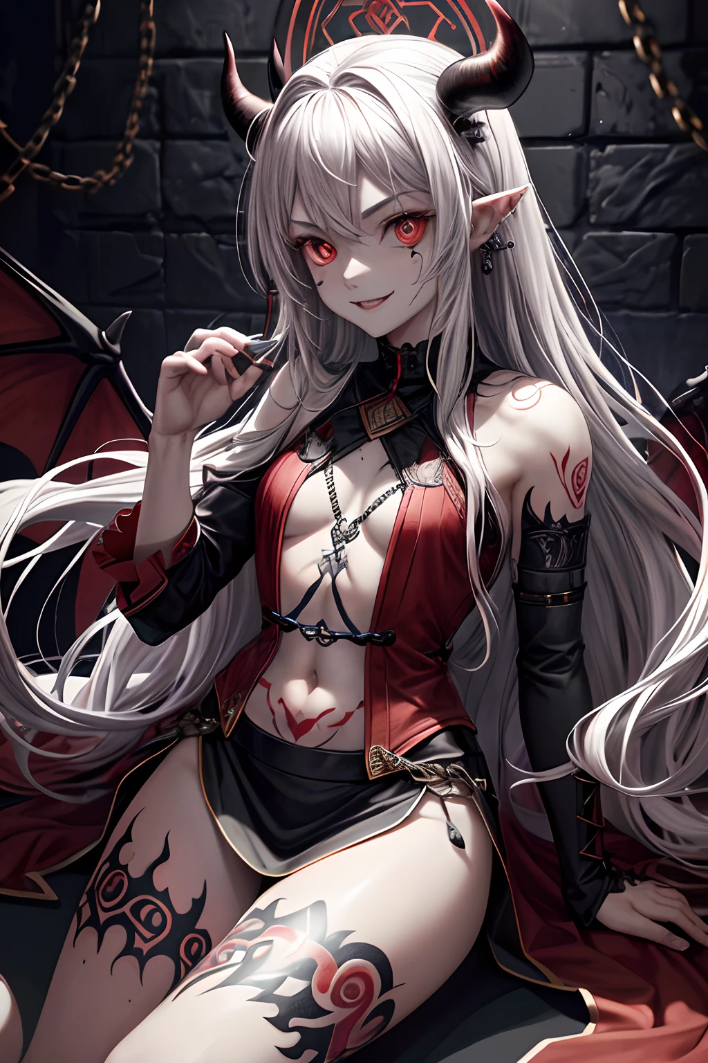 (Ashenhard style:1.4), tmasterpiece, top-quality, high high quality,(Has a dark red glow and red eyes、Dark shapeless creatures surrounded by darkness:1.2), (In profile), (Dark:1.2), abstraction, abyssal, an award winning photograph, depth of fields, NFFSW, The is very detailed, trending on artstationh, Trending in CGSighbour, twists, high detal,(tmasterpiece:1.2、top-quality)、(The best lighting、Extremely Delicately Beautiful)、(The best lighting、Extremely Delicately Beautiful)、(beautifull detailed face)、(Detailed eyes and detailed face:1.2)、Dark fantasy, (Young girls, small beast, 1girl in, 独奏, Crazy smile, Pale skin,19 piercings,((Tattoos all over the body,Tribal tattoos all over the legs)) whaite hair, Eyes glowing red, Dynamic Angle, Vampires), ((Chain in the background,Magic Circles,graffiti on wall,Get)),Summon demons), (Demons from the magic circle)Magic Thunder, Pointy ears, Detailed fangs,detailed tooth,Devil's wings on the back,devil horns,Blood on the face,Blood rain,Blood fog,(depth of fields),hight contrast,(blood splattere:1.4),cow boy shot,full body Esbian, Black lace-up thigh boots,shout,Gorgeous stage,Leaking out under the skirt(with no underpants,trouser,an female genital organs)