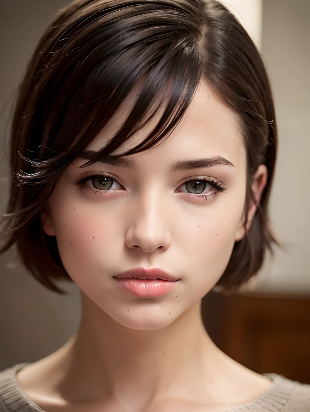 (masterpiece:1.3), (8k, photorealistic, RAW photo, best quality: 1.4), (1girl), beautiful face, (realistic face), (black hair, short hair:1.3), beautiful hairstyle, realistic eyes, beautiful detailed eyes, (realistic skin), beautiful skin, (sweater), absurdres, attractive, ultra high res, ultra realistic, highly detailed, golden ratio