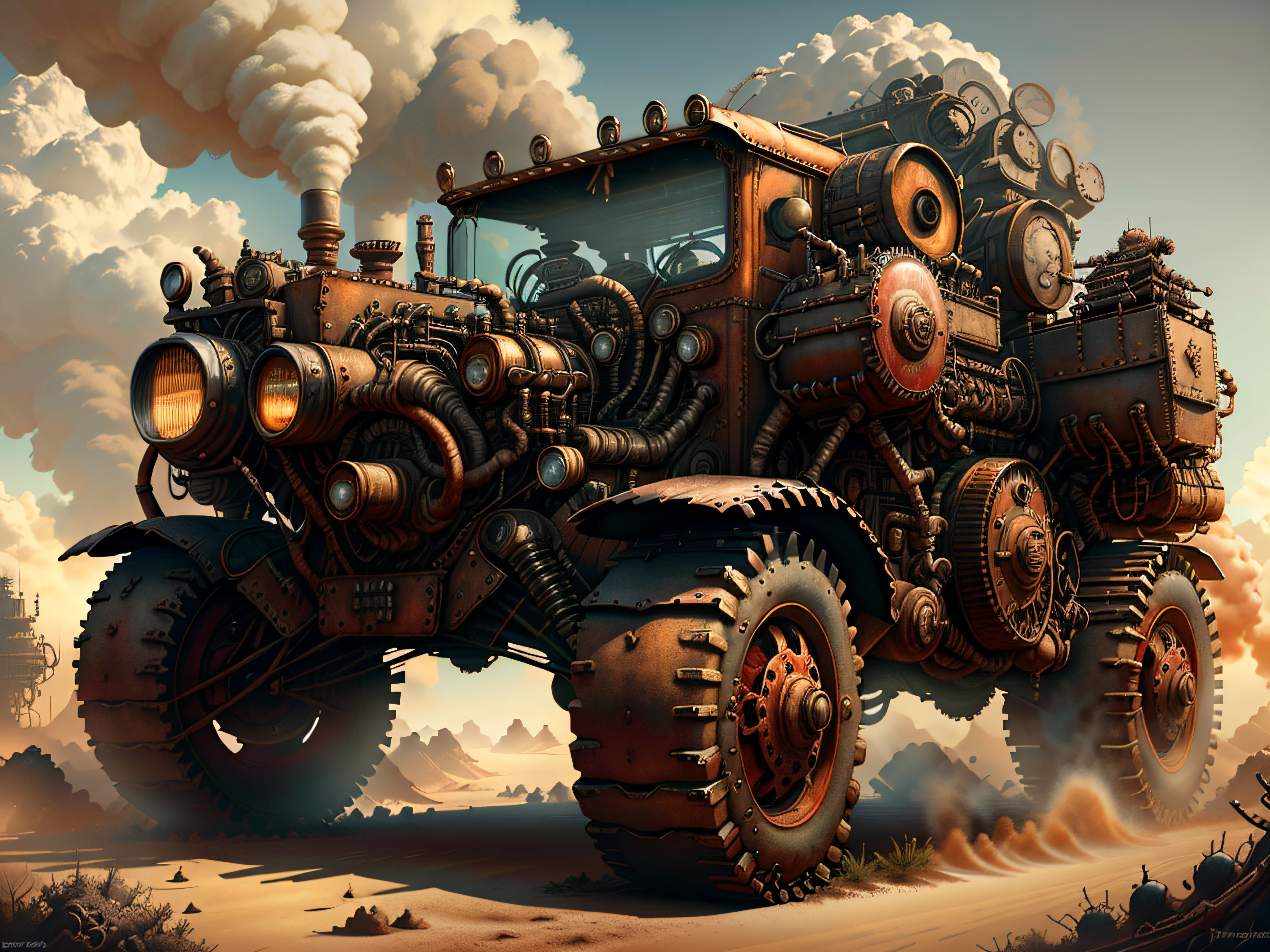 CogPunkAI SteampunkAI Big Truck,Mechanical,madmax,3D,With machine gun,There are 3 fighters sitting