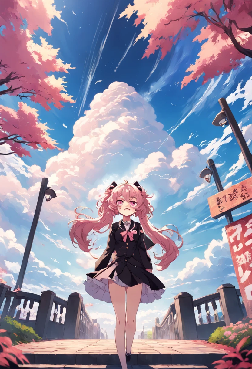 Junko Enoshima - (Danganronpa) y zhongli - (Genshin Impact) abrazados en un parque japones mientras caen los cerezos color rosa, en el fondo un cielo azul y claro con nubes,