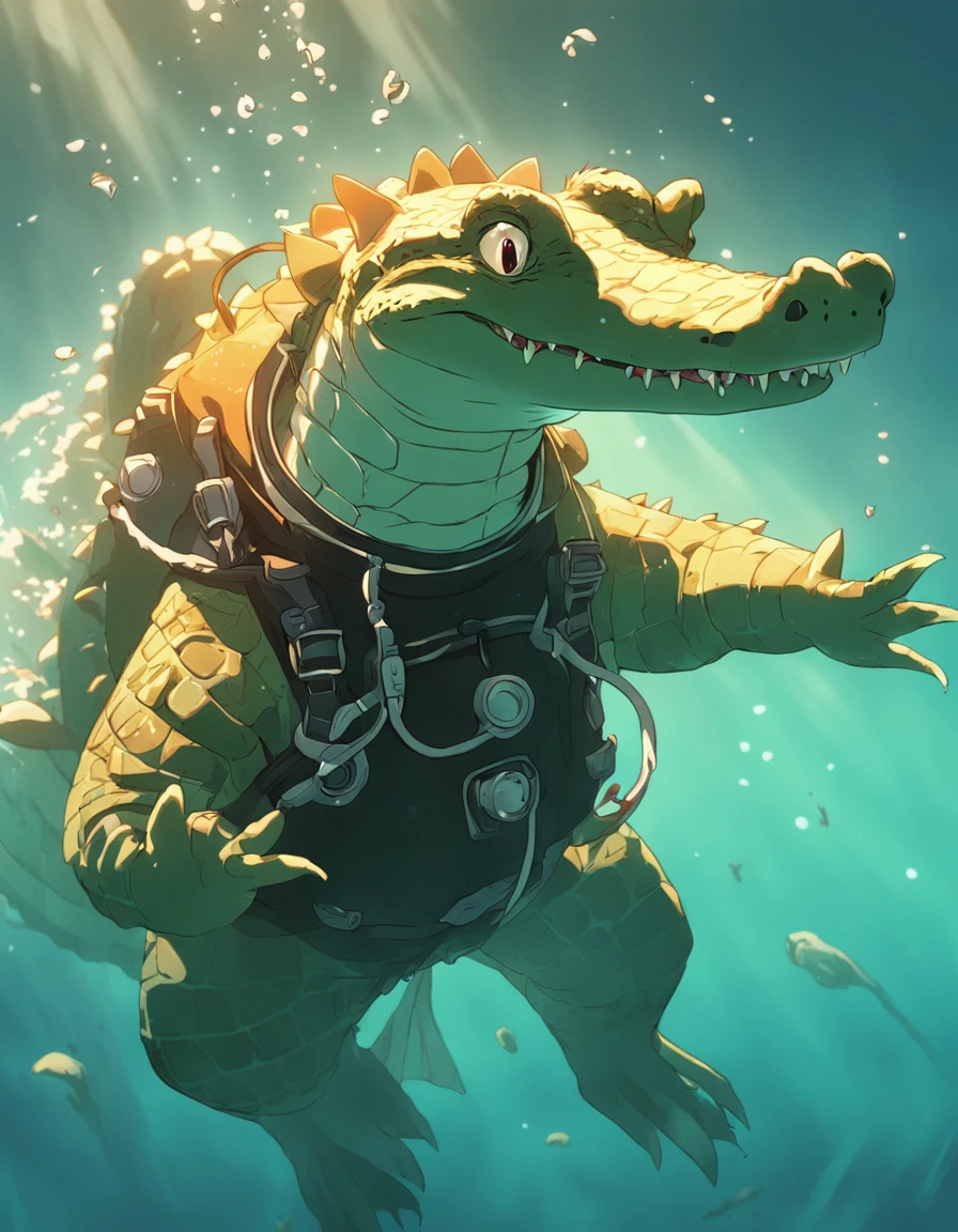 cute crocodile wearing a diving suit diving