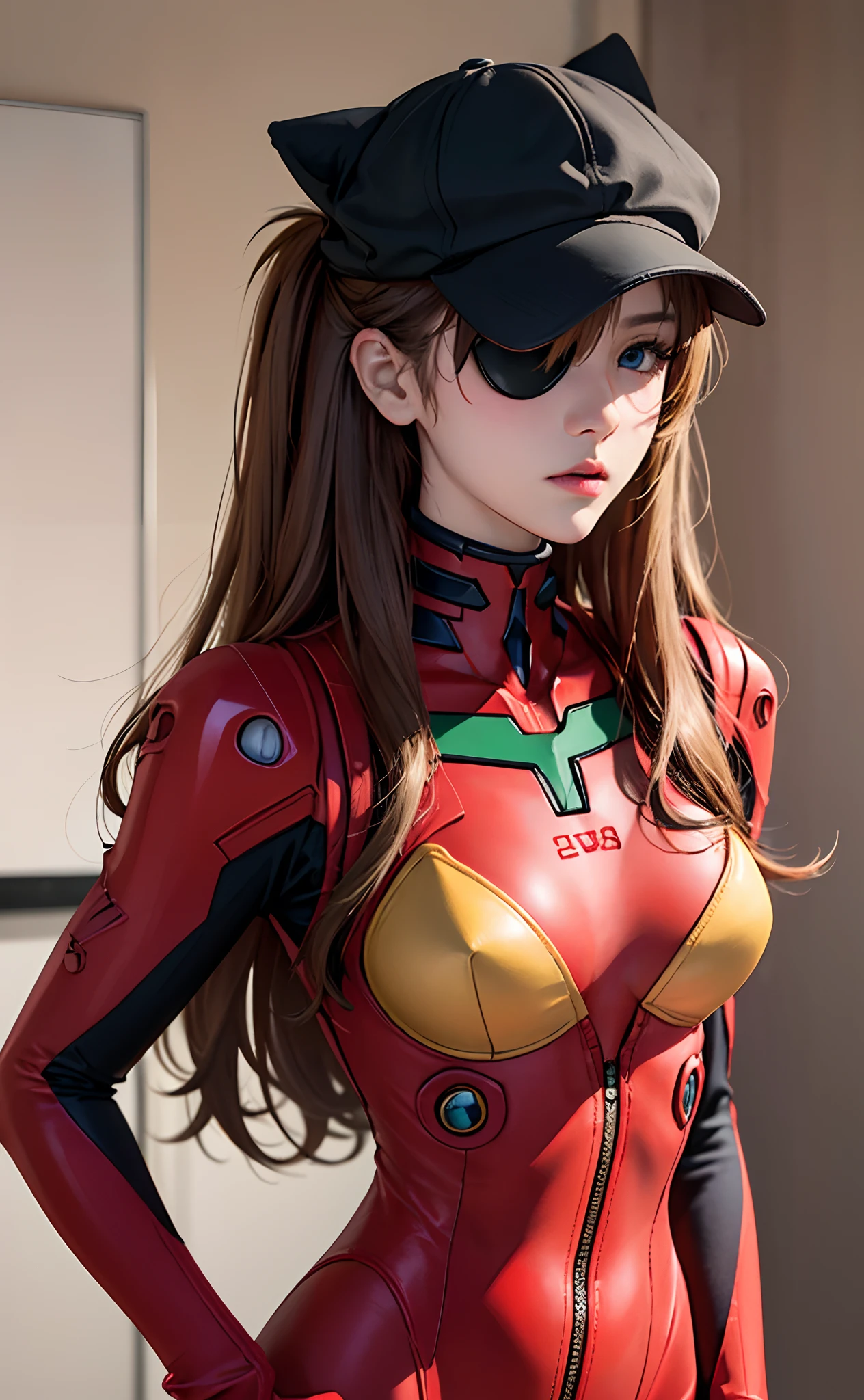 (A masterpiece:1.4、HighestQuali)、(intricately details)、Unity8k wallpapers、ultra - detailed、Beautiful and mysterious、Detailed background、hentail realism、Solo、Perfectly detailed face、Detailed blue eyes、highly detailed、face flushed、hair adornments、Chignon mahogany hair、(Blonde hair)、Plug Suit 02,Shikinami Asuka Langley、Evangelion、Slender girl、Black banded eye patch on left eye、Full body suit、with black background、On the waist、Pirate hat、Red chest、Red jersey、White line on the arm,The panties are not completely taken off