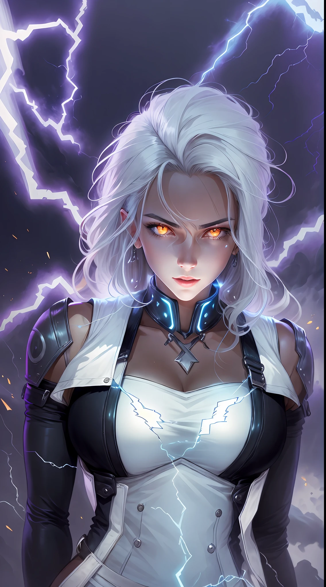 1Beautifulwoman，ff Tifa， X-Men Storm, Lightning in hand,, All white hair, a skirt,glowing light eyes