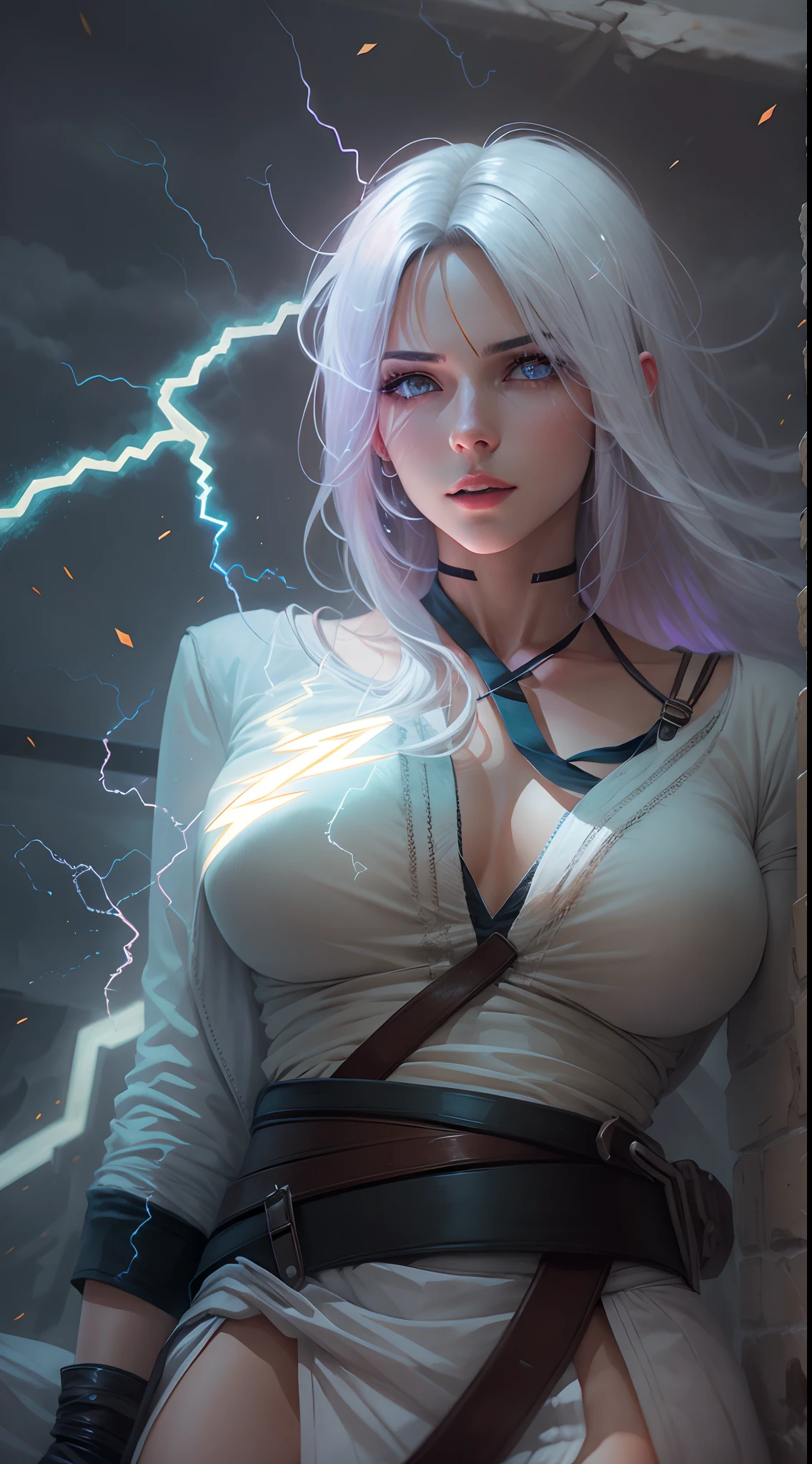 1Beautifulwoman,ff Tifa, X-Men Storm, Lightning in hand,, All white hair, a skirt,glowing light eyes