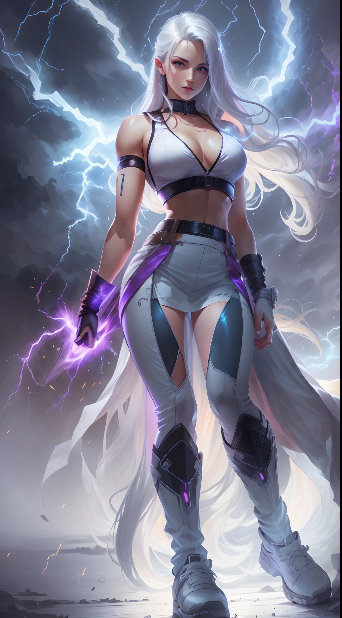 1Beautifulwoman,ff Tifa, X-Men Storm, Lightning in hand,, All white hair, a skirt,glowing light eyes