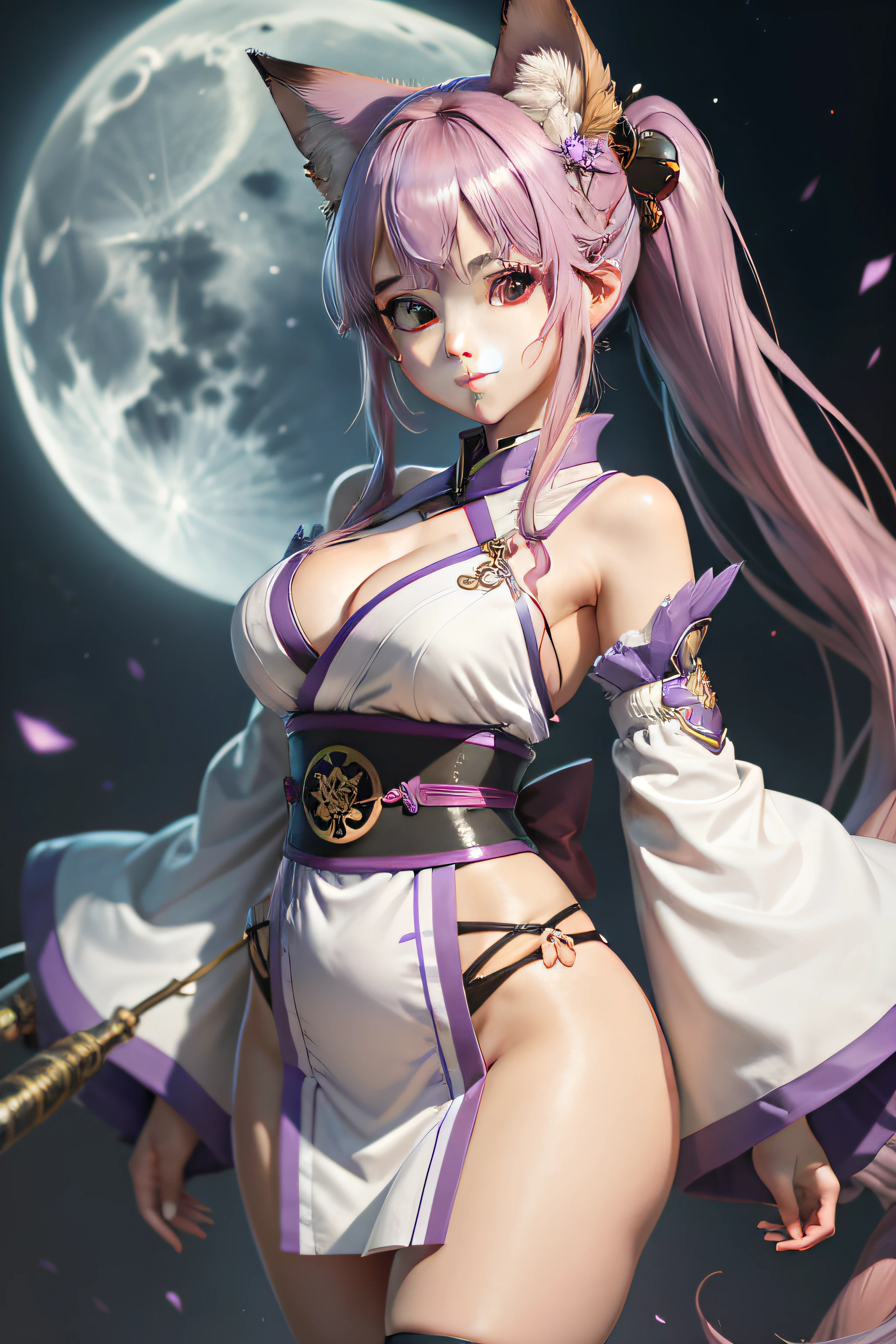 tmasterpiece， Best quality at best， multipel Girls， nedium breasts， （2girls：1.3）， yae miko， Raiden general， Purple eye， Pink hair， Japanese clothes， Purple colored hair， （：1.4）， long whitr hair，， hair adornments， upper legs， Purple kimono， upper legs， By bangs， Animal ear， Separate the sleeves， fox ear， Wide sleeves， komono， themoon， arma， pigtails，（kbxll：0.8）， a matural female， thick thight， busty figure，ssmile，