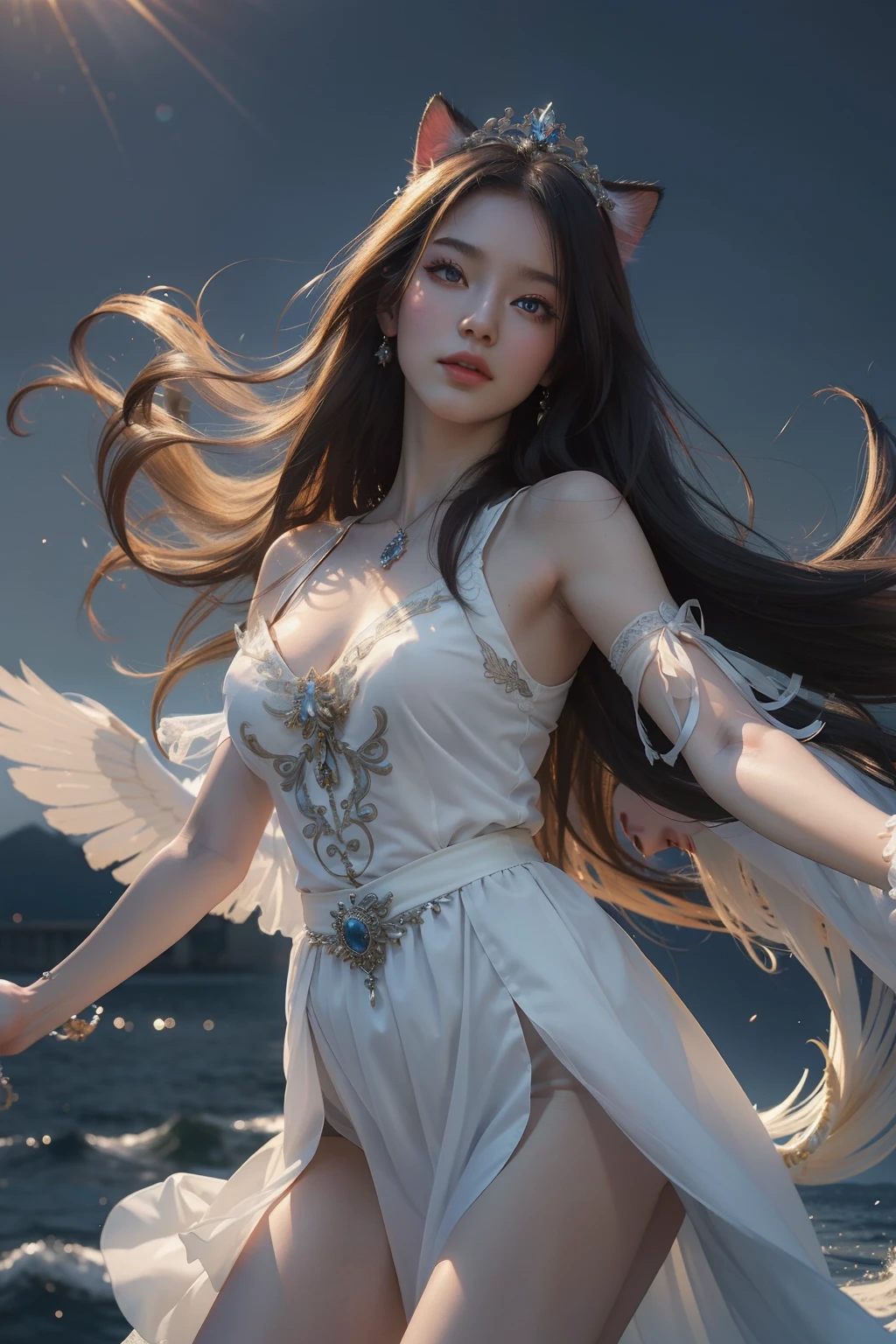 ((top-quality、masterpiece、photographrealistic:1.4、8K))、Very beautiful mysterious woman、20yr old、Cat's ears、extremely detailed eye and face、beatiful detailed eyes、(Celestial Princess)、Luxury accessories、graceful face、(In the Celestial Castle above the Sea of Clouds、Generate a scene depicted in a pose like a shining celestial princess dancing in the wind。Her hair and wings are transparent.、Has an angelic atmosphere。)、Beautiful lighting、Textured skin、Super Detail、high detailing、High quality、hight resolution、(looking at the viewers)、europian