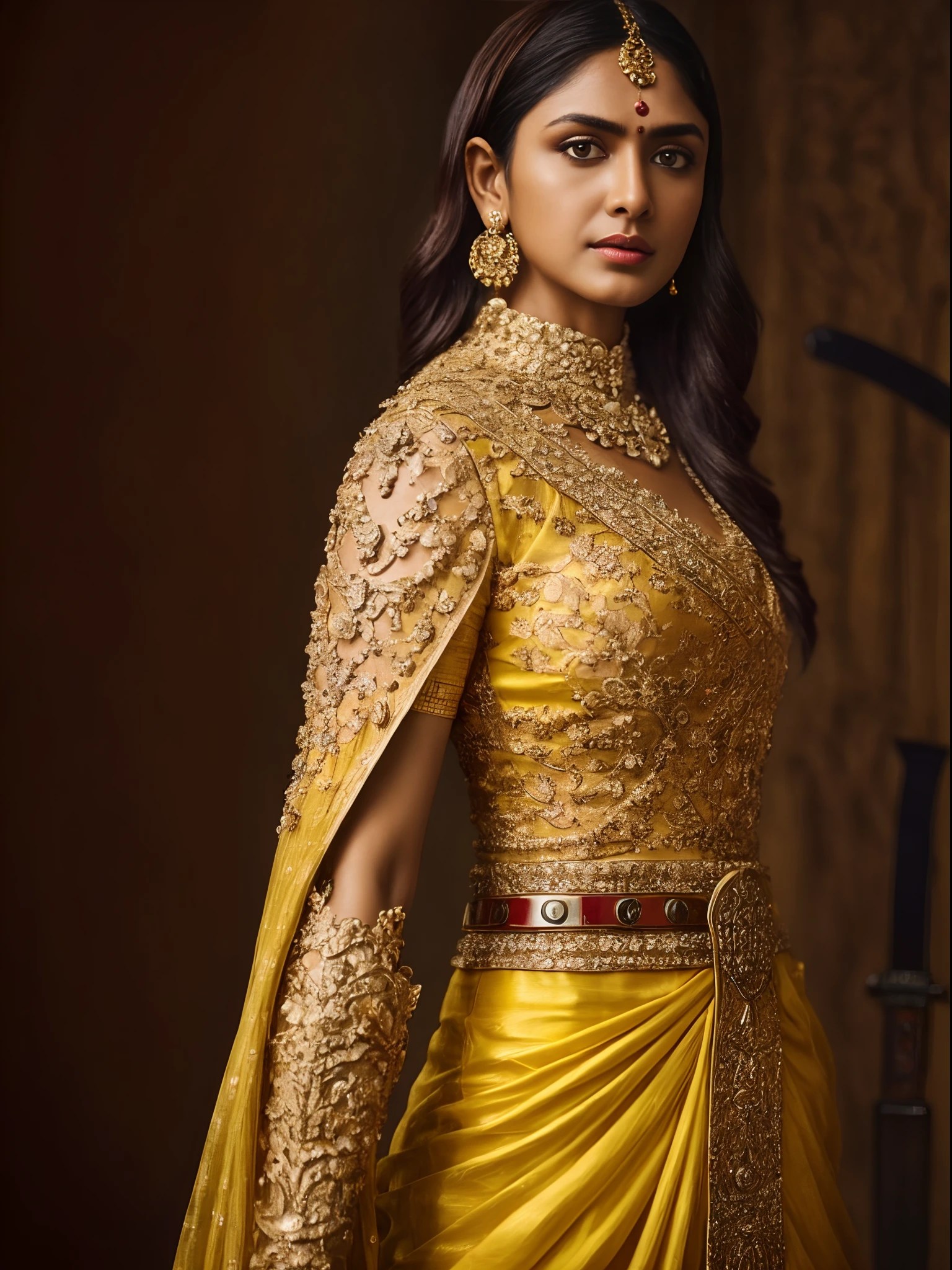 ((Masterpiece)) A captivating portrait of an Indian woman adorned in regal gladiator armor and samurai tanto sword, exuding resilience and grace. Her vibrant yellow suit glistens with a glossy sheen. Enhance the scene with a cinematic computer-generated feel.