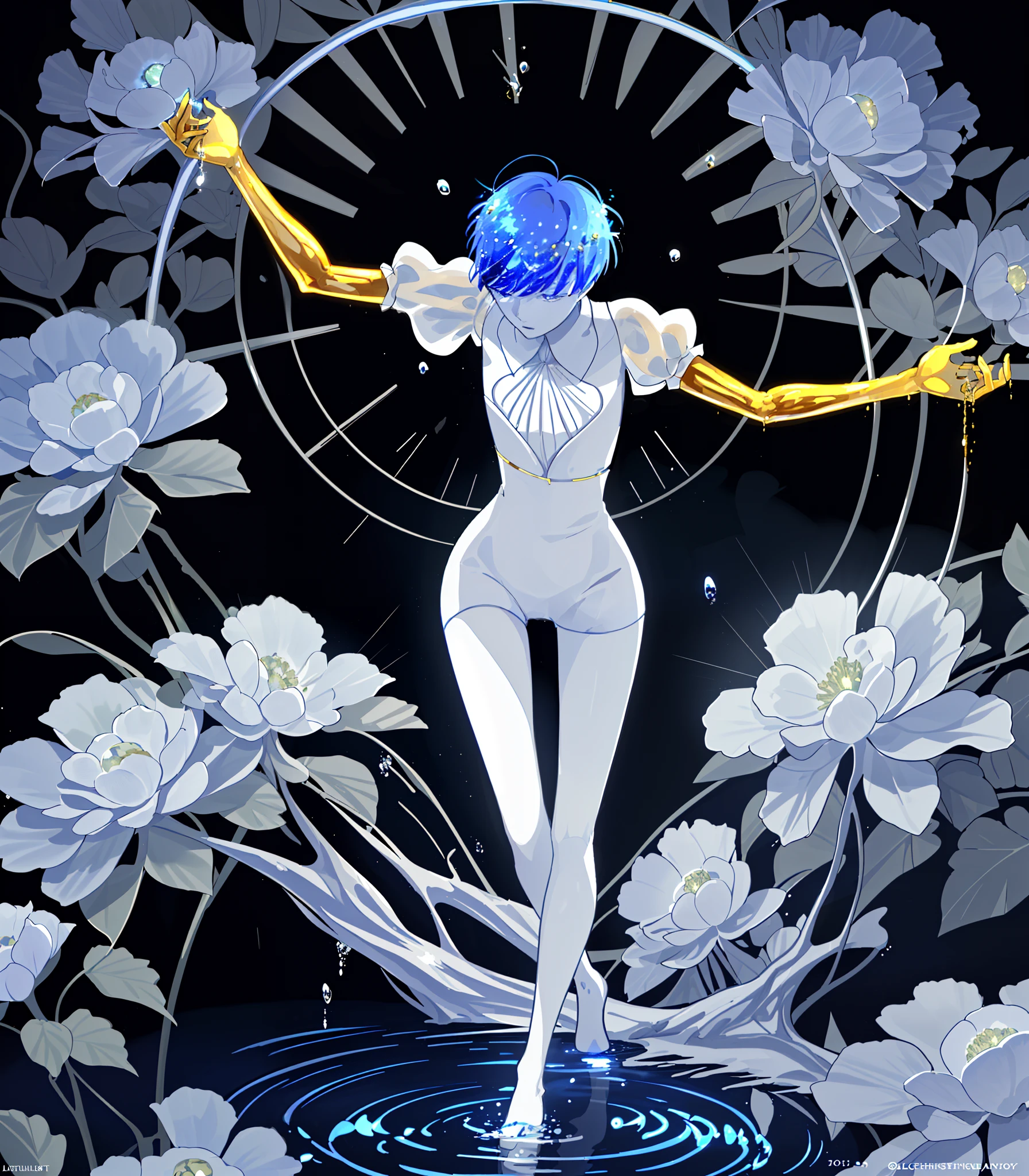 phosphophyllite, short puffy sleeves, golden arms, blue spotlight, looking back over shoulder, black background, elegant expression, illustration, blue glowing flowers, water droplets, glowing