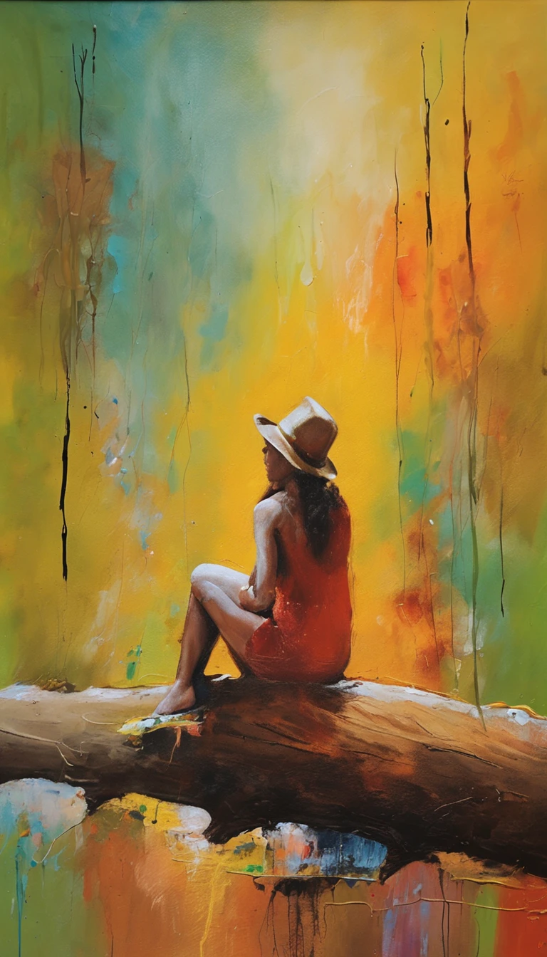 Girl sitting on tree trunk with microphone singing，autumnal，falling leaf，Cinematic light and shadow，k hd