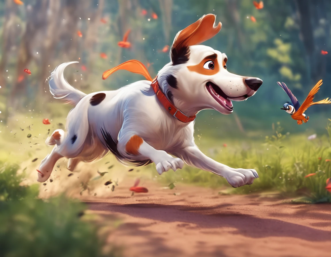 Draw a dog chasing a bird, disney cartoons style, 3d model, vivid colors, white background