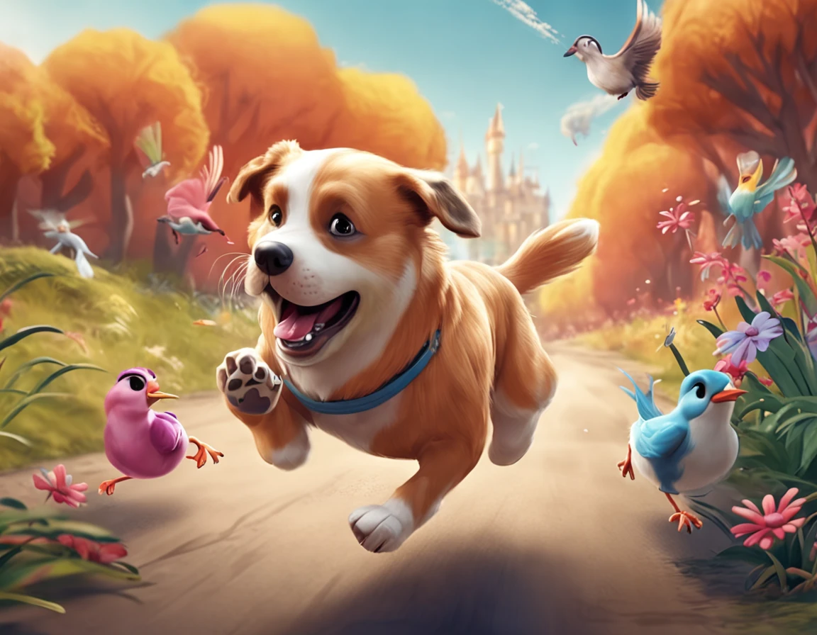 Draw a dog chasing a bird, disney cartoons style, 3d model, vivid colors, white background