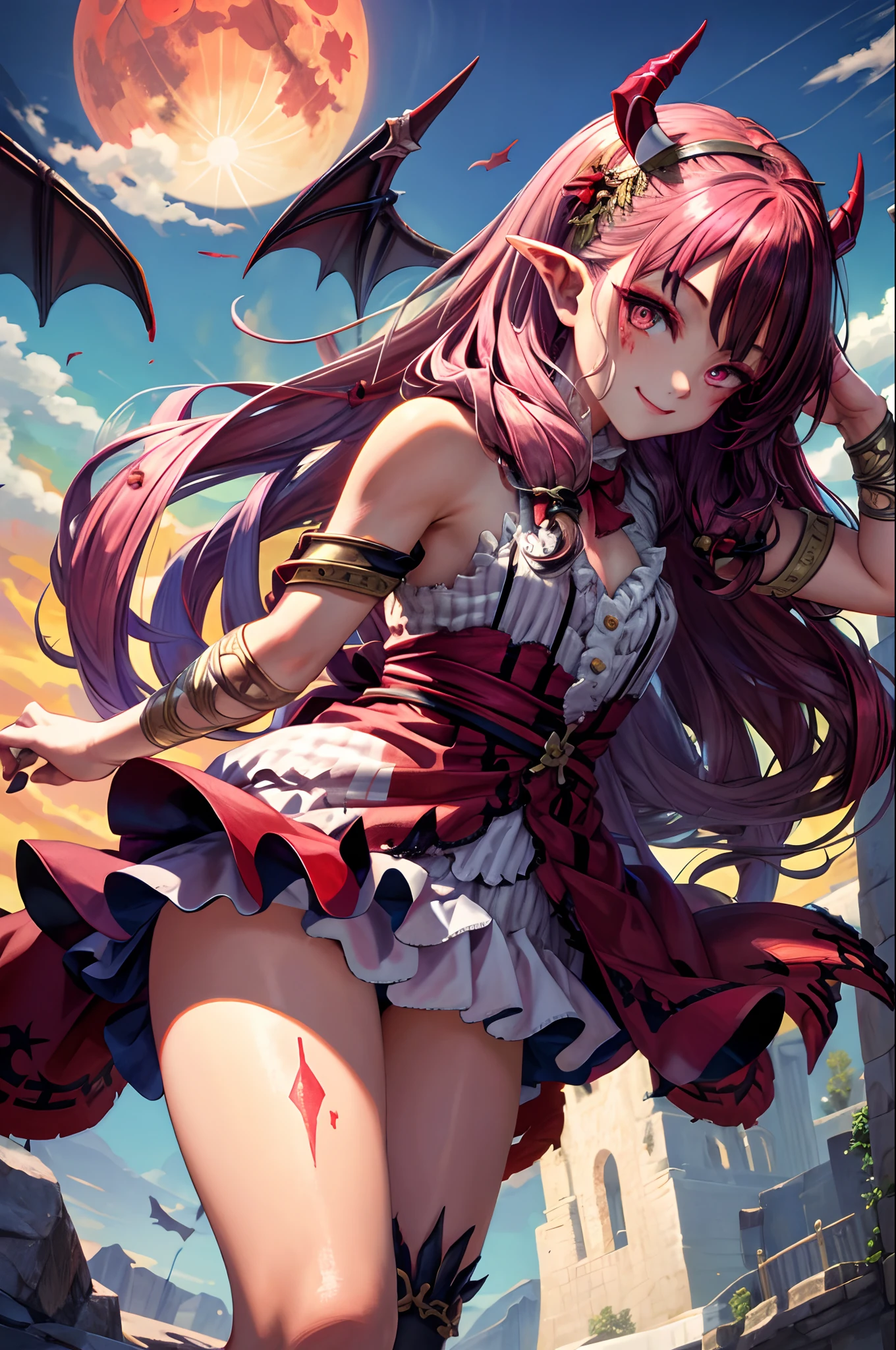 (tmasterpiece:1.2,best qualtiy),(best illuminate,very delicate beautiful),(best illuminate,very delicate beautiful),(beautiful detailed face),(Detailed eyes and detailed face:1.2),dark fantacy,(Young girls,small beast,1girll,独奏,mad smile,paleskin,((Large tattoos all over the body)),whaite hair,red luminous eyes,dynamic angle,Vampires),(Get a vampire castle in the background), (Red Moon,Red sky), pointy_ears, fang, Devil wings, devil horns, Blood on the face, Blood rain, Blood fog, (depth of fields), hight contrast, (blood spatter: 1.4), cow boy shot,Miniskirt temptation(Leakage,an female genital organs), full bodyesbian,