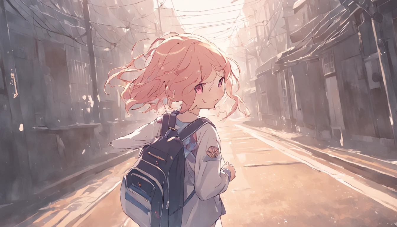 morning、Elementary school girl with school bag walking on a road parallel to the railway tracks、Raising the right hand、Vigorous、You can see the sea in the background, I see the train、( hair adornments、Floral hair ornament)、 masutepiece, Anatomically correct、A smile, radiant light、Shinkai Makoto style