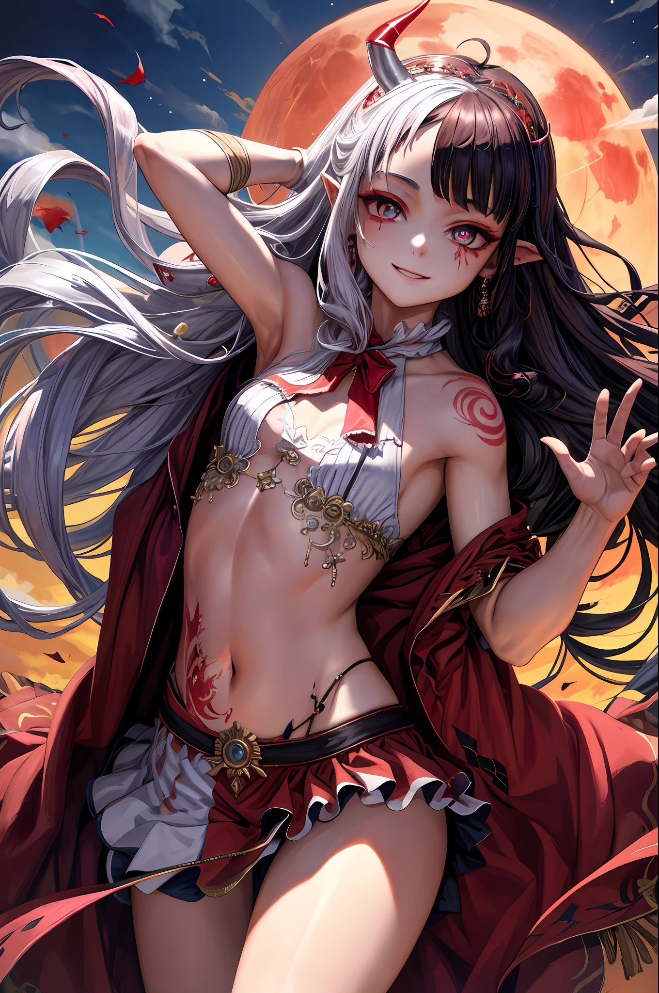 （tmasterpiece：1.2，best qualtiy），（best illuminate，very delicate beautiful），（best illuminate，very delicate beautiful），（beautiful  detailed face），（Detailed eyes and detailed face：1.2），dark fantacy，（Young girls，small beast，1girll，独奏，mad smile，paleskin，（（Large tattoos all over the body）），whaite hair，red luminous eyes，dynamic angle，Vampires），（Get a vampire castle in the background）， （Red Moon，Red sky）， pointy_ears， fang， Devil wings， devil horns， Blood on the face， Blood rain， Blood fog， （depth of fields）， hight contrast， （blood spatter： 1.4）， cow boy shot，Miniskirt temptation（Leakage，an female genital organs）， full bodyesbian，
