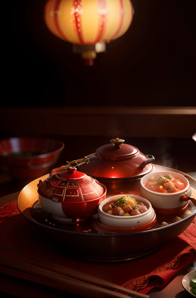 Chinese hot pot, Red tones,High brightness,fanciful, galaxias, cleanness, glittery, glittery, Splendor, Colorful, Amazing photography, dramatic lighting, photo-realism, ultra - detailed, 4K, depth of fields, A high resolution