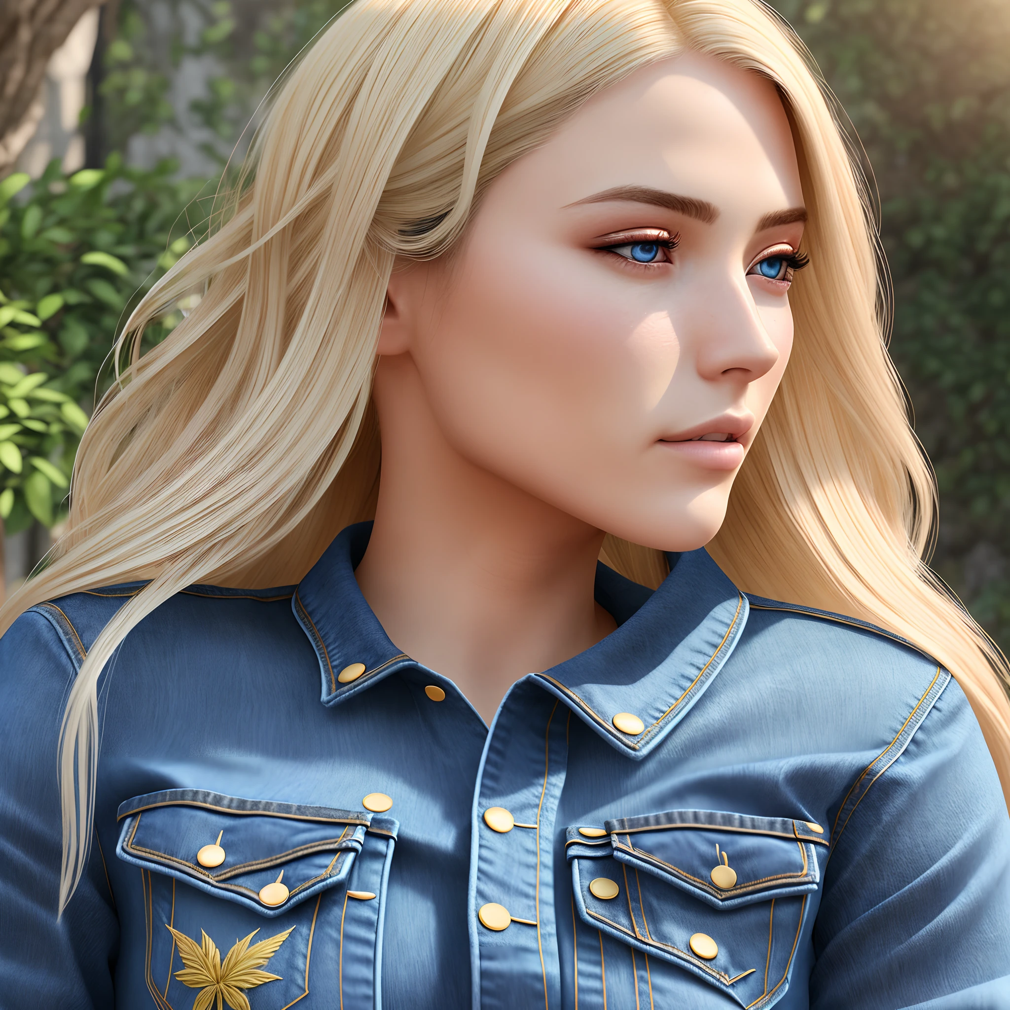 Blonde, 25 year old female, hyper realistic, detailed face, detailed top, boobs see through, showing, jeans, side view, long hair, Super Photoreal, Hyper Real, Photorealistic, Global Illumination, Waist Up Angle
