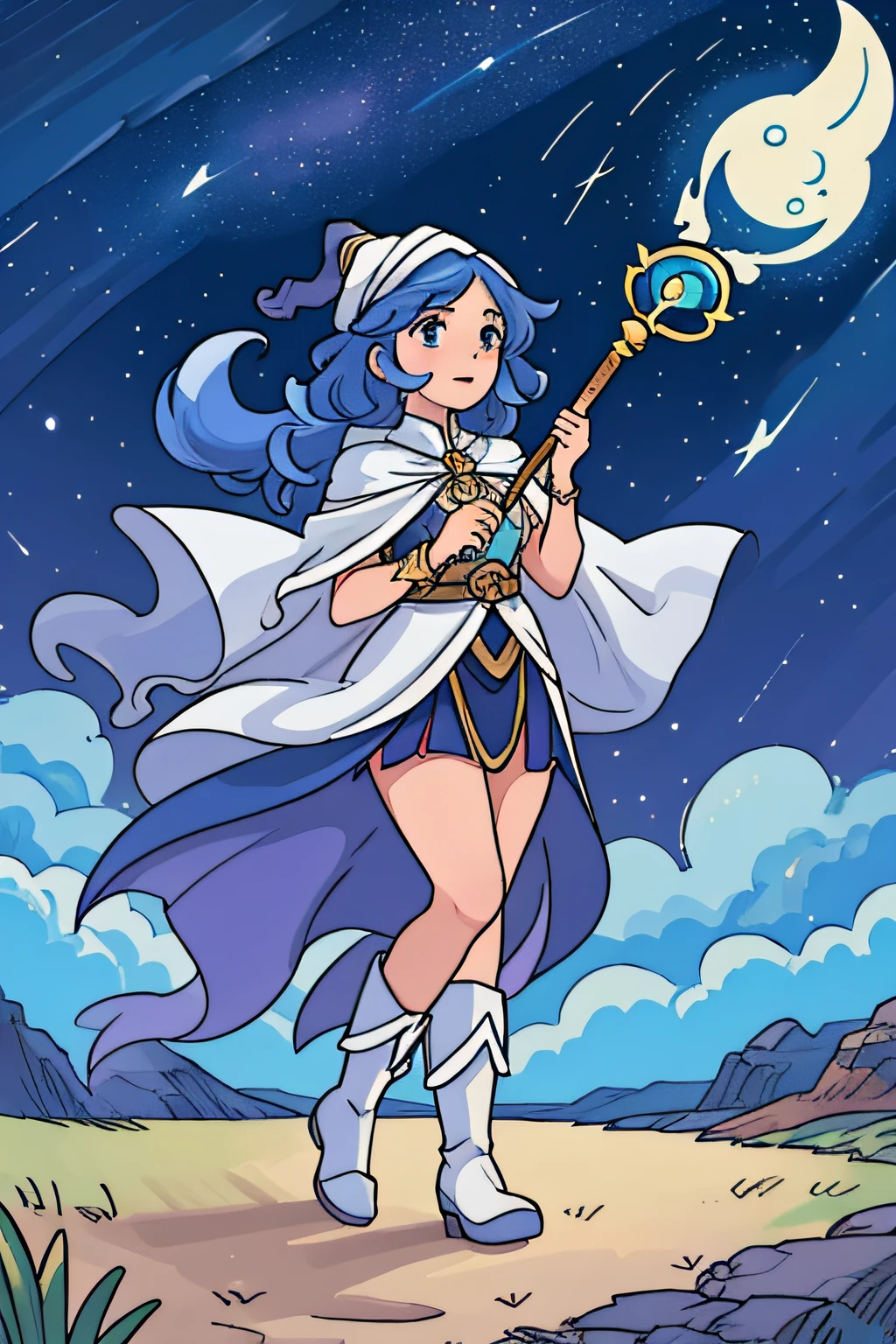 masterpiece, best quality, ultra-detailed, illustration, 1man, solo, fantasy, flying, night sky, outdoors, magic, spells, moon, stars, clouds, wind, hair, cape, hat, boots, holding scepter , glowing, mysterious, enchanting, whimsical, playful, adventurous, freedom, wonder, imagination, determination, skill, speed, movement, energy, realism, naturalistic, figurative, representational, beauty, fantasy culture, mythology, fairy tales, folklore, legends, witches, islamic outfit , arab calligraphic ornaments , arab tatoo , magical creatures, fantasy worlds, composition, scale, foreground, middle ground, background, perspective, light, color, texture, detail, beauty, wonder.