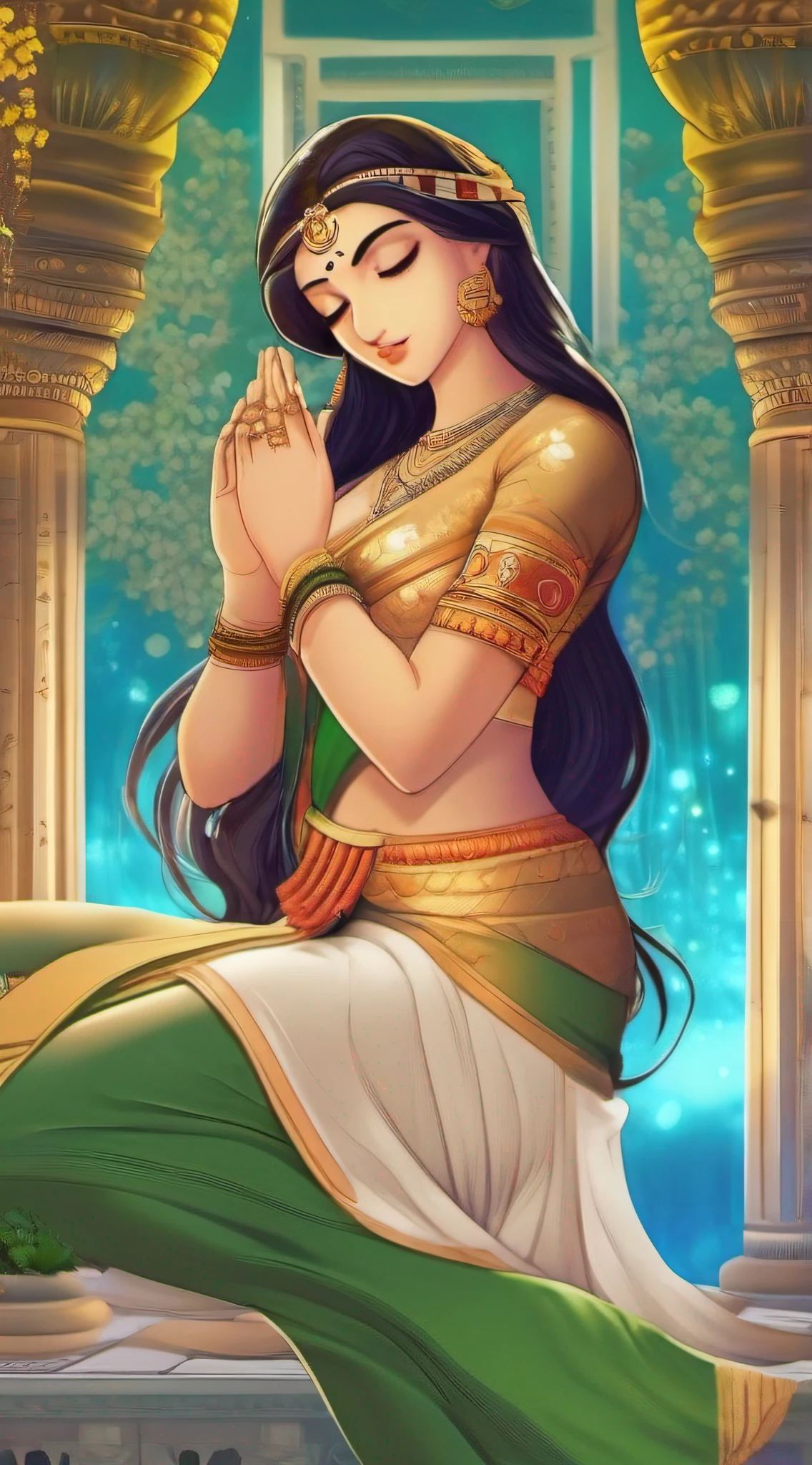 "A stunning depiction of a graceful Indian woman from ancient times gently massaging oil into her luscious locks."