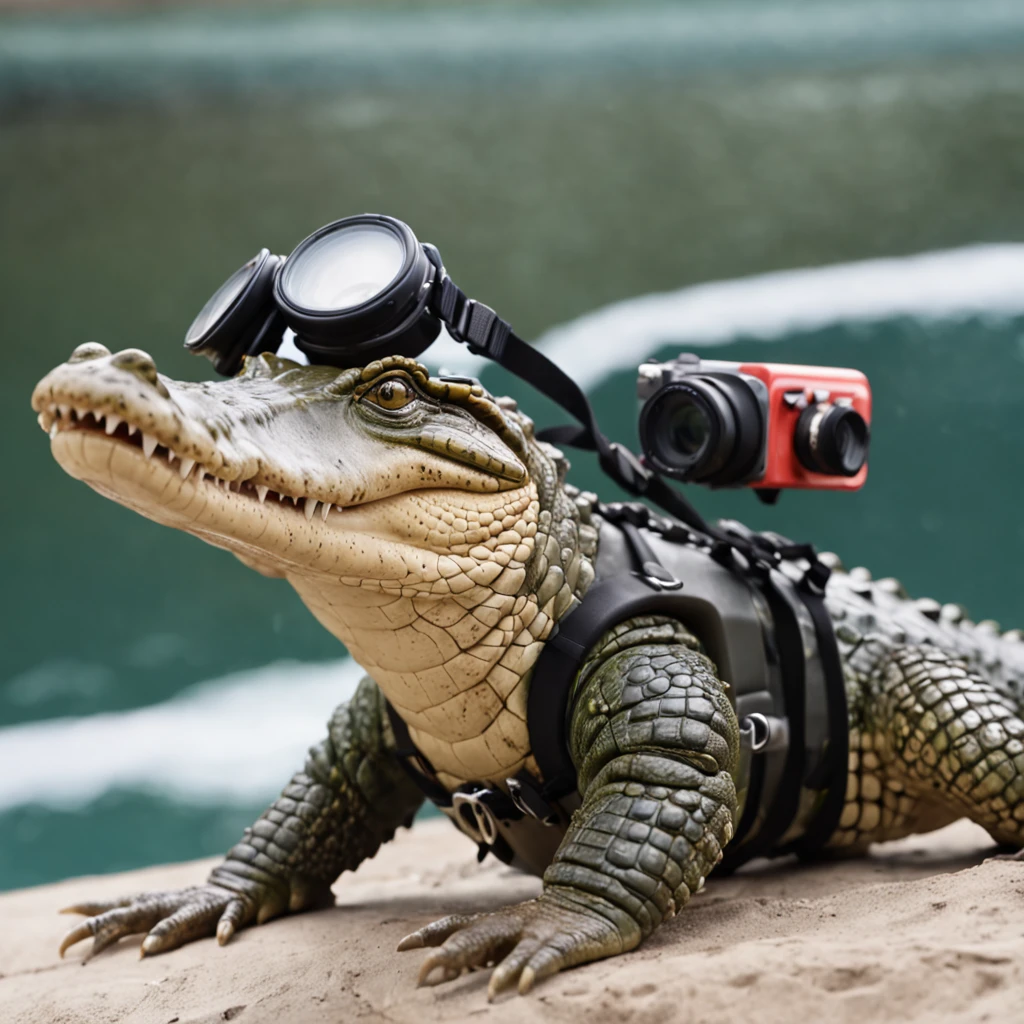 cute cartoon crocodile wearing a diving suit diving