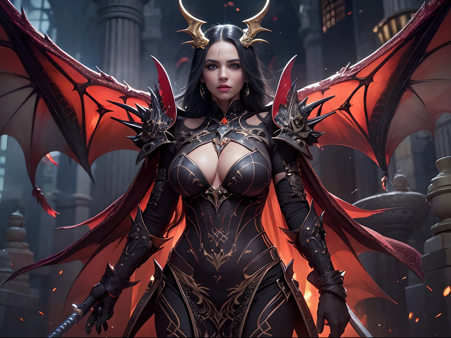 a matural female，Dragon's horn，Bat wings，Tattooed with，eyes glowing，magia，Large breasts，magnificent robe，complex patterns，palaces，(skin indentation:1.5), realisticlying, realisticlying, (Masterpiece:1.5), concept-art, intricately details, highly  detailed, realisticlying, rendering by octane, 8K, unreal-engine, dynamicposes, Best quality at best, A high resolution, (photorealiscic face:1.1), (Hyper-realistic:1.1),  perfect  eyes,(shiny skins:1.2),  Radiant force,  smog, magia, ((Dramatic)), Epic, battlefiled, depth of fields, Background bokeh, 4K,  ashes, Particle，
