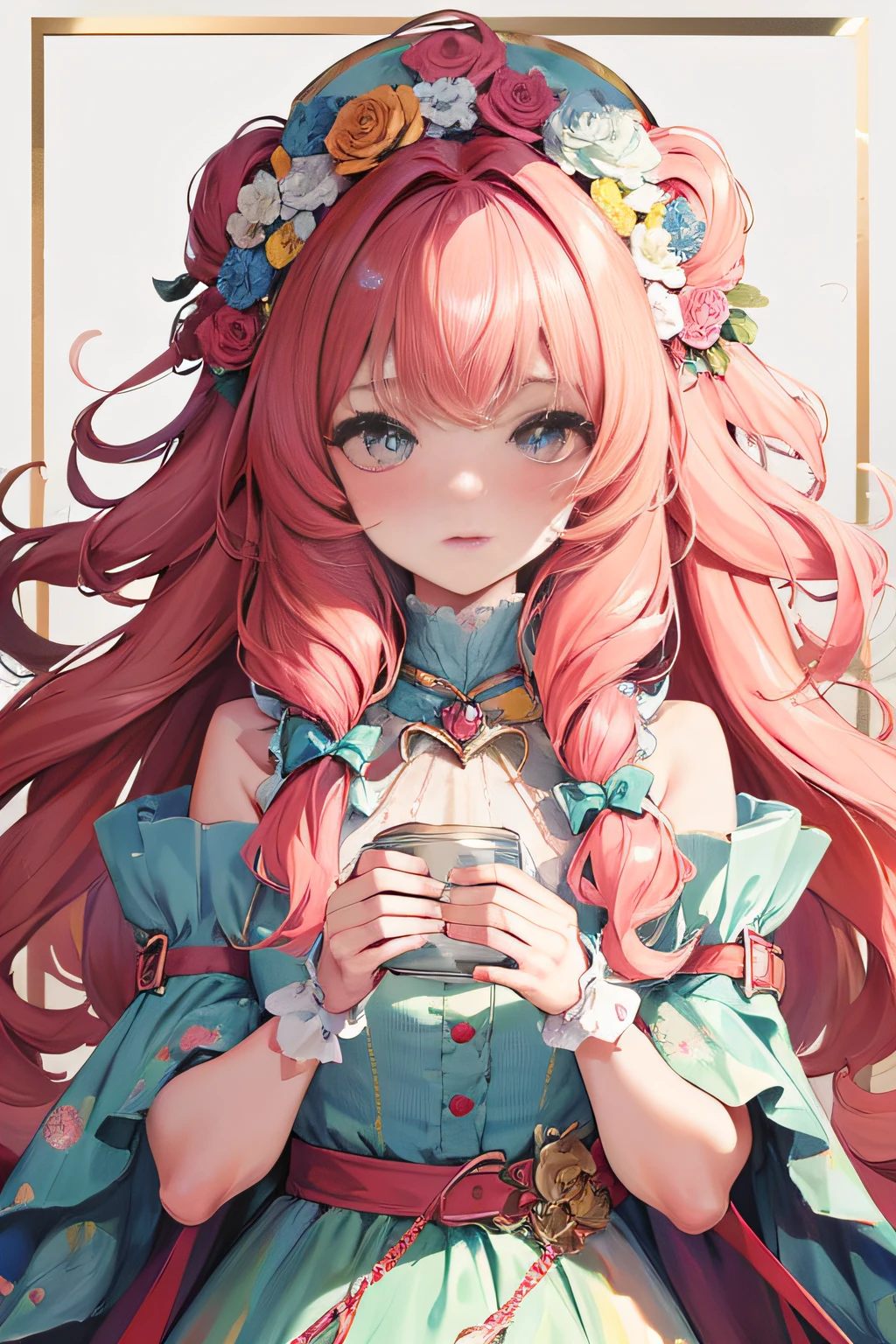 Large wavy curls, flowers in head, Cat ears, Bright pupils, Blush, (Monet:1), anaglyph, Fuji colors, outside border, Top-down view, hyper HD, Masterpiece, ccurate, Textured skin, 4K, Best quality, A high resolution, High quality, hyper HD, Masterpiece, Textured skin, A high resolution, Best quality, High quality, 4K,exquisite facial features,Rich colors