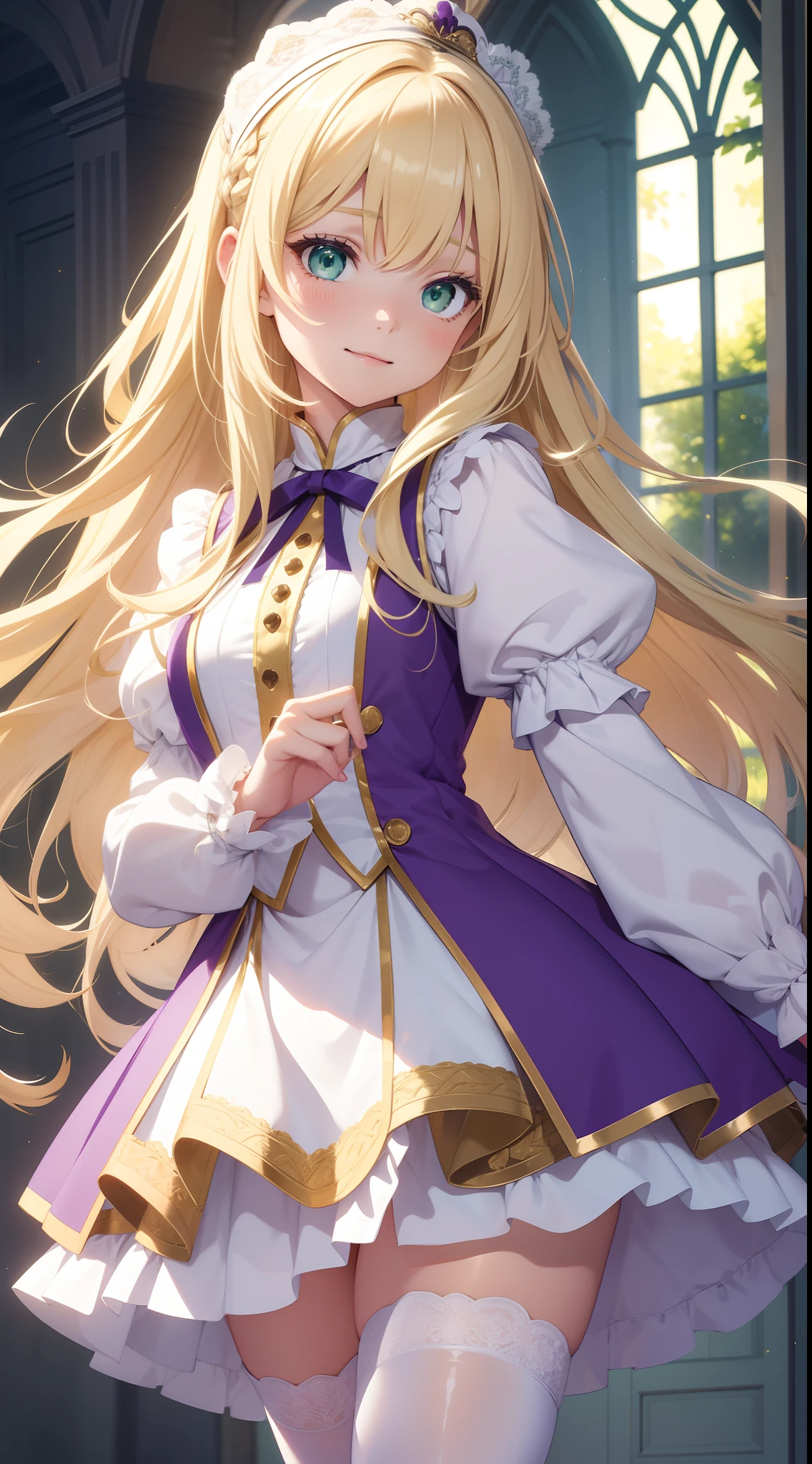 young girl, Long blonde hair with white strands, Green eyes, White King Top, puffy sleeves, fluffy short skirt, purple tights, ssmile, Masterpiece, hiquality