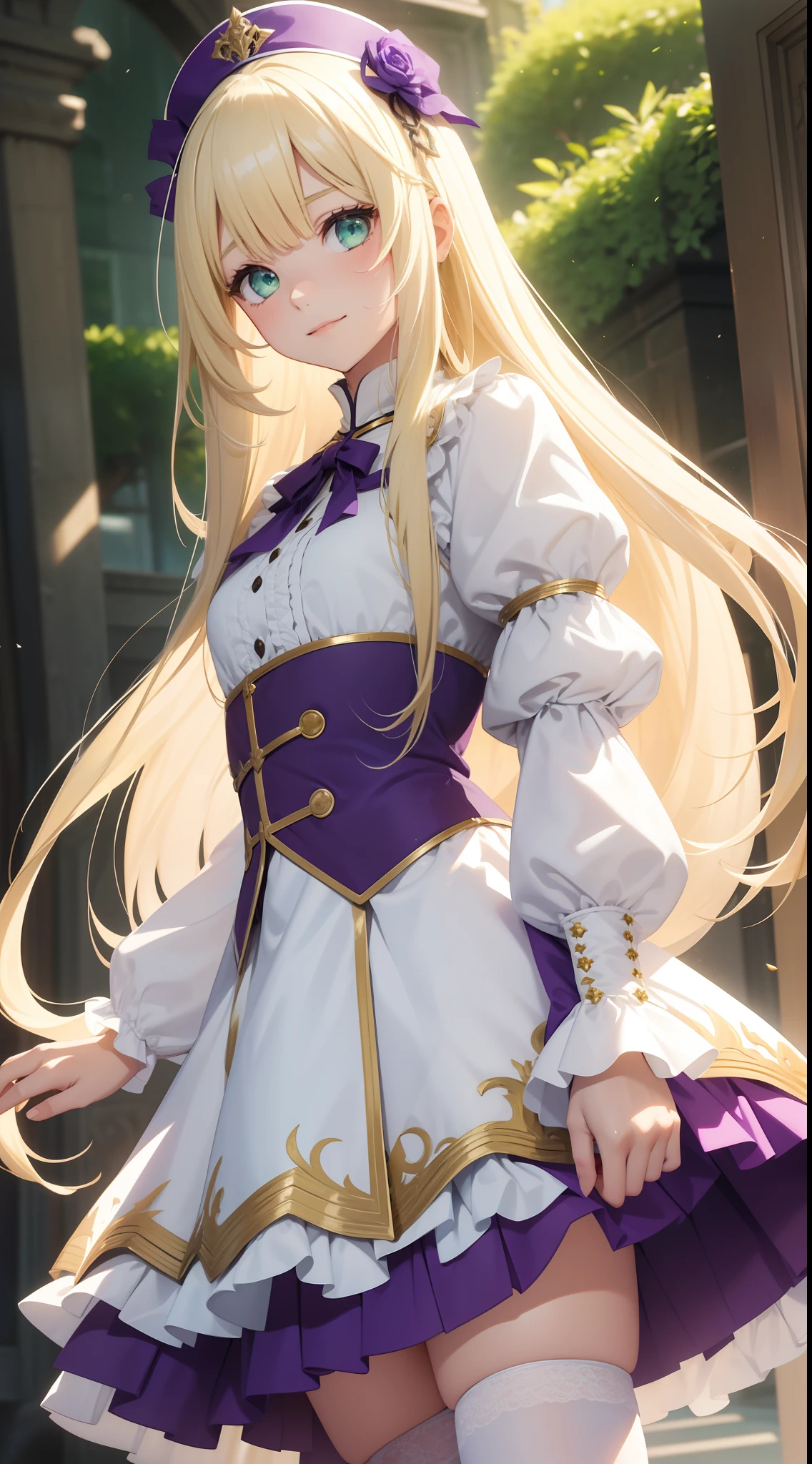 young girl, Long blonde hair with white strands, Green eyes, White King Top, puffy sleeves, fluffy short skirt, purple tights, ssmile, Masterpiece, hiquality