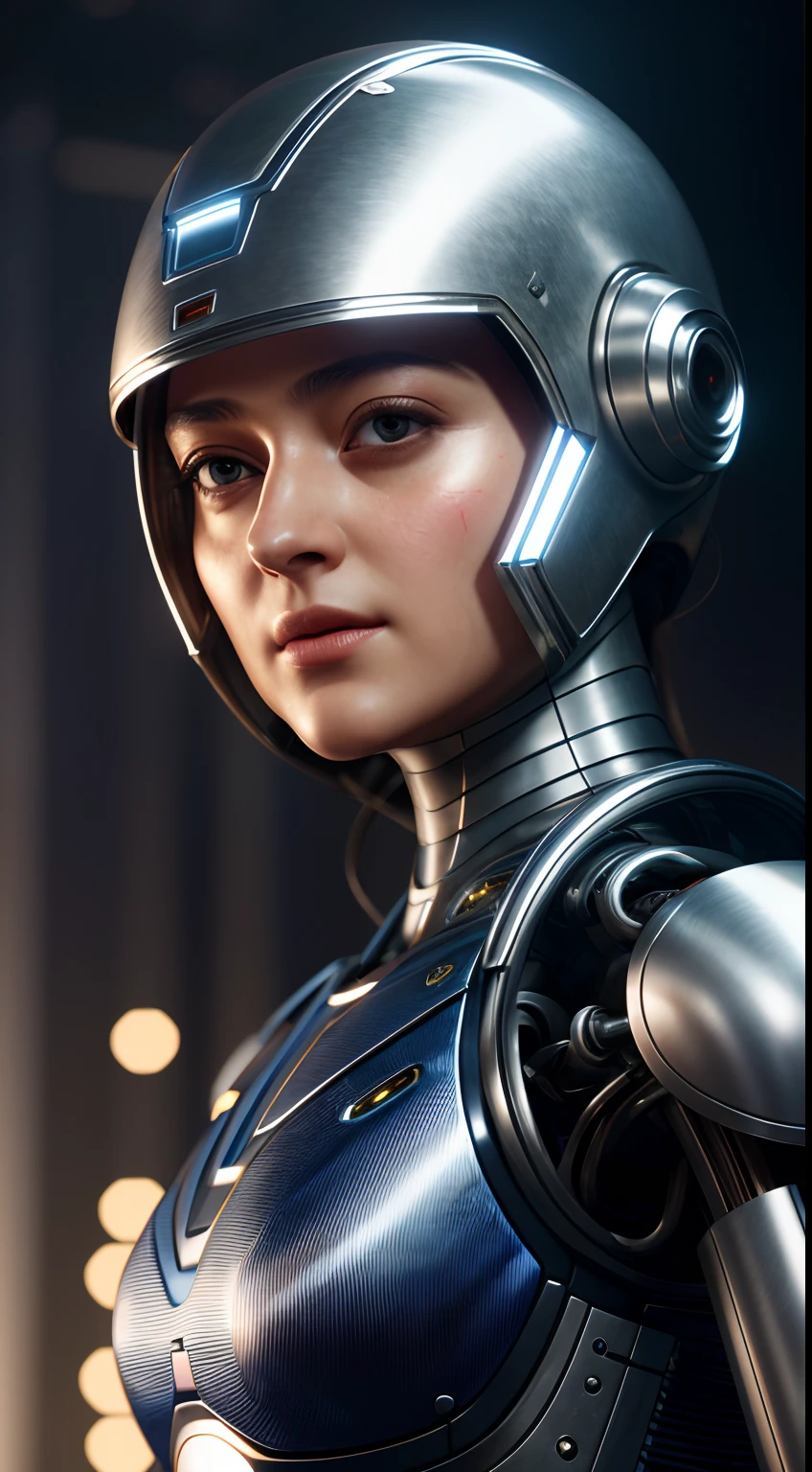 Looks like Maisie Anushka Shetty, Intricate 3d rendering of highly detailed beautiful ceramic silhouette female robot face, robot, robot part, 150 mm, beautiful studio soft light, rim light, vibrant details, luxurious cyberpunk, lace, surreal, anatomy, facial muscles, cables wires, microchip, elegant, beautiful background, octane rendering, HR Giger style, 8k, best quality, masterpiece, illustration, very delicate and beautiful, very detailed, CG, unity, wallpaper , (fidelity, fidelity: 1.37), amazing, fine detail, masterpiece, best quality, official art, very detailed cg unity 8k wallpaper, absurd, unbelievably absurd, robot, silver helmet, full body, sitting write