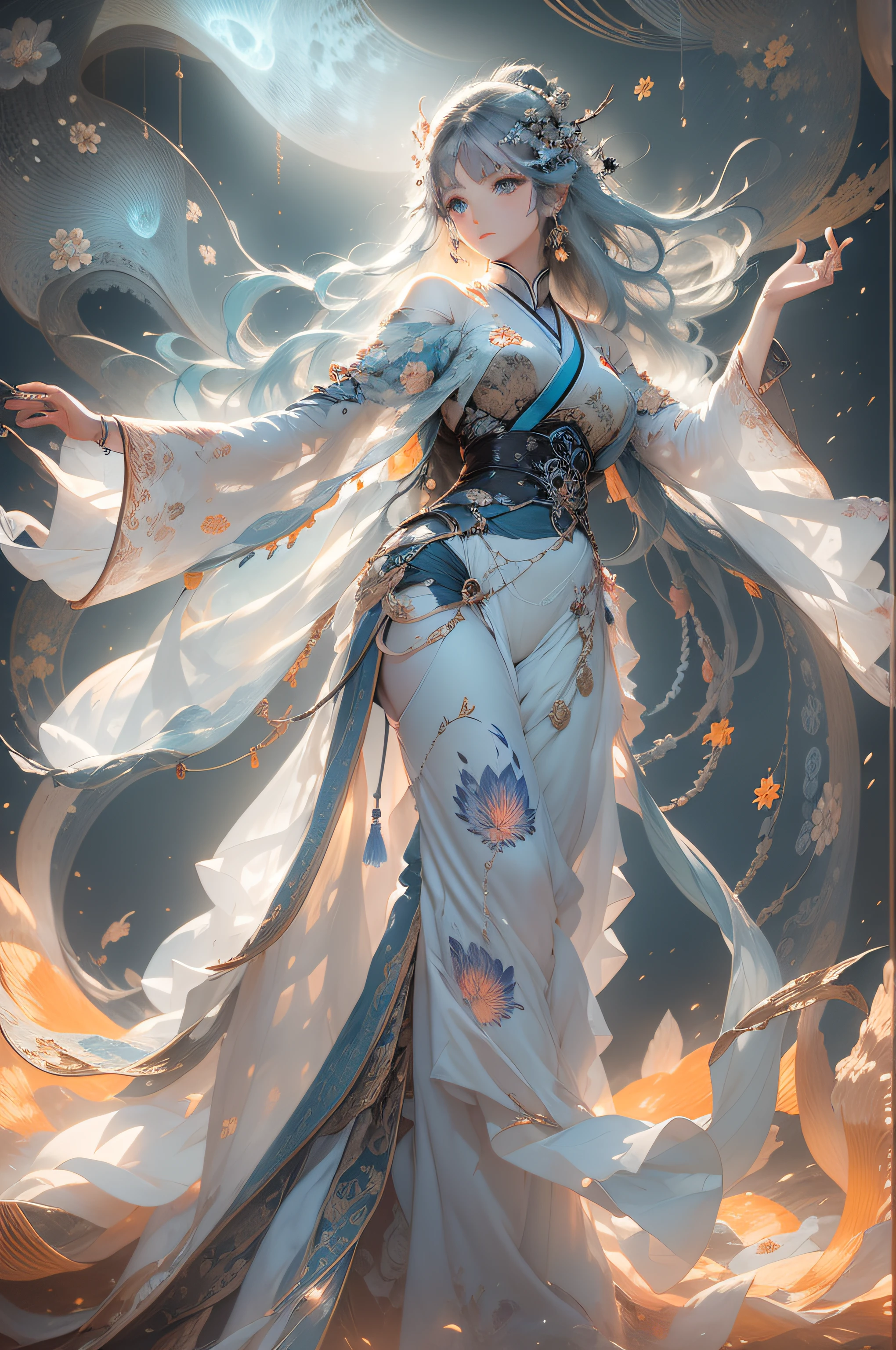 Anime girl in white dress,Blue belt and white cape, Beautiful celestial mage, by Yang J, Onmyoji detailed art, Ross Tran 8 K, Beautiful character painting, Ross Tran style, Alphonse mucha and rossdraws, trending on artstation pixiv, Anime fantasy illustration, Guweiz in Pixiv ArtStation