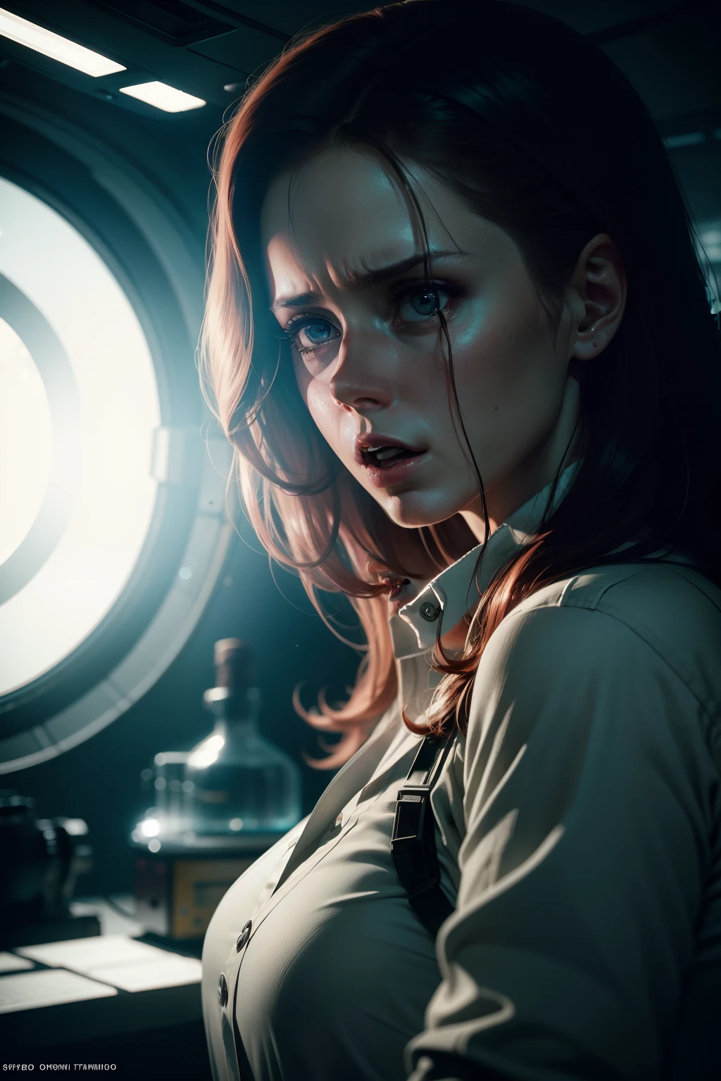 Hot terrified Amy Adams as a Scientist Hiding on Ishimura Horror Space Ship photography, natural light, photorealism, cinematic rendering, ray tracing, the highest quality, the highest detail, Cinematic, Third-Person View, Blur Effect, Long Exposure, 8K, Ultra-HD, Natural Lighting, Moody Lighting, Cinematic Lighting
