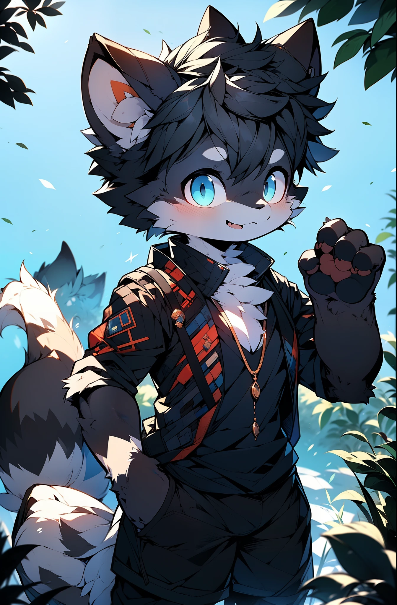 Open the cat's paw，brunette color hair, sunglasses, Wide eyes, Black-colored eyes, Cat ears, Smile, anime big breast, Glowing light, Cinematic lighting, High details, High quality，，solo person,shaggy male，Black and white fur，Hair is black，Black colored eyes，The ears are mostly black，A small part is white，Anime style cat with black eyes and black tail， fursona art， very very beautiful furry art，， Furry art!!,Frafiniti Commission，， fursona furry art commission， fursona!!!,Frasona Commission， Professional furry digital art,，higher details，black cloaths，One tail，Laughing，Two-dimensional painting style，tmasterpiece，A high resolution，high detal，shaggy，anime big breast!!!，，adolable,Avatars!!!!The male，Furry character, commission for high resolution, Detailed anime manga,Rain background,rainbowing，portrait of zeraora，smiling expression!!!!felid，Black color hair!!!!There is a purple pearl pendant around the neck!!!!!!!Open the cat's paw!!!!!!!