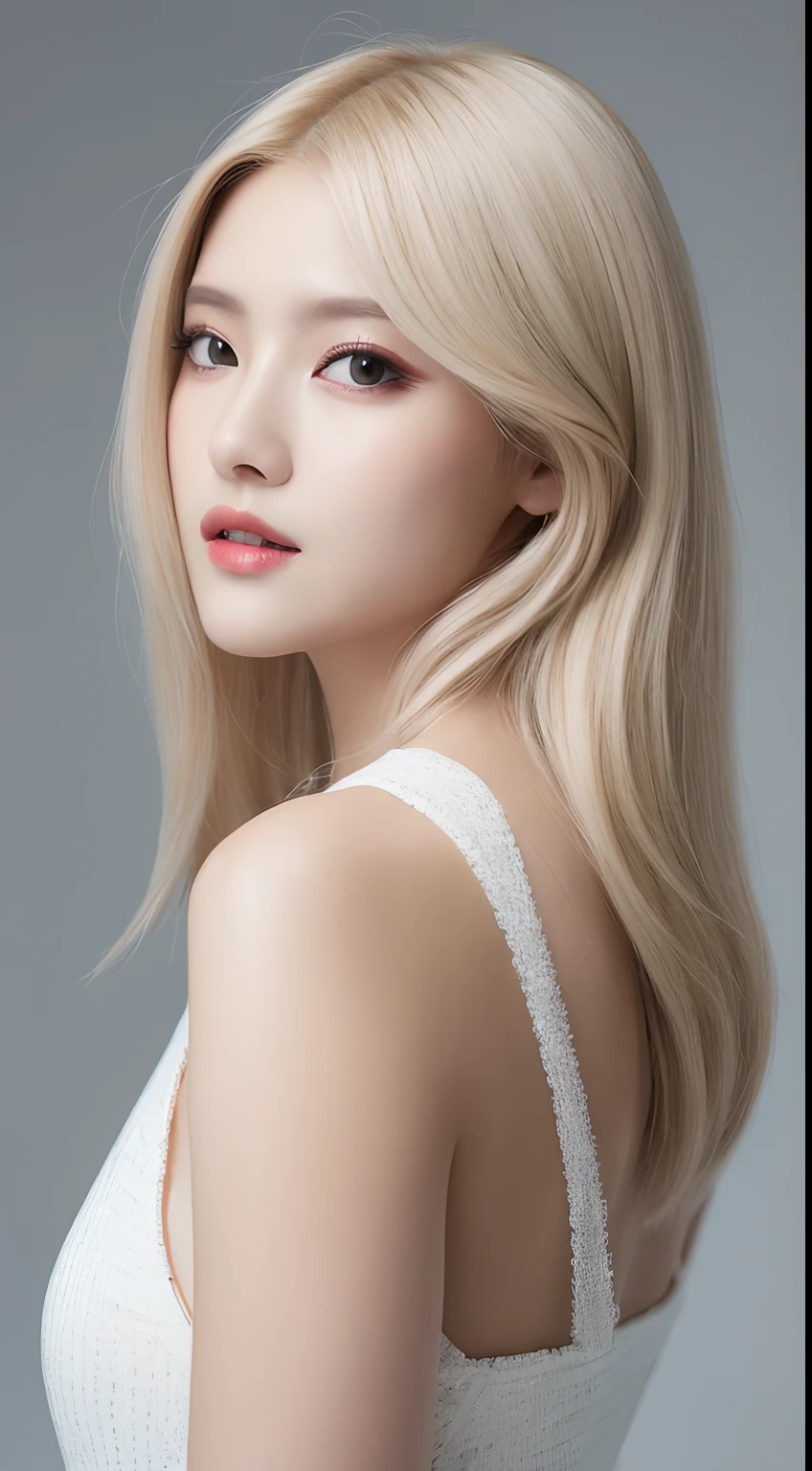 ((Realistic lighting、top-quality、8K、​masterpiece:1.3))、Clear focus:1.2、1girl in、flawless beauty:1.4、slim((blonde  hair))、Neat and clean clothing、One-piece clothes、Superfine Face、Narrow-eyed、二重まぶた、lighting like a movie、photos realistic、28 year old、Straight hair、Face like a K-pop idol、white backgrounid、Gray background、Mature Woman、Classy makeup、Light hair color Blonde、Angle of pull、