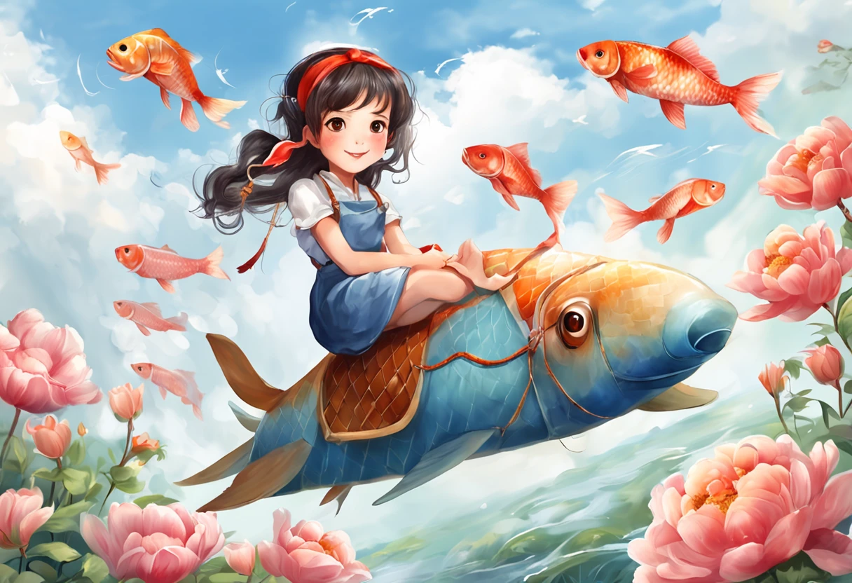 movie picture quality,China-style,Little girl sitting on giant koi flying in the sky,Thick clouds,Short hair and small braids,Denim suspenders,The barefoot,depth of fields,high light,Real light,Ray traching,oc rendered,Hyper-realistic,best qualtiy,8K,Works of masters,super-fine,Detailed pubic hair,Correct anatomy,sharp focus on eyes,Bokeh,Facial features are carefully depicted