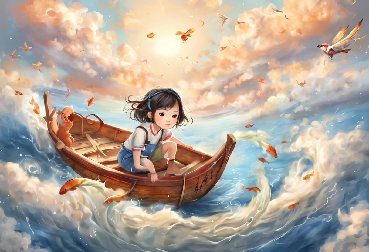 movie picture quality,China-style, sitting on giant koi flying in the sky,Thick clouds,Short hair and small braids,Denim suspenders,The barefoot,depth of fields,high light,Real light,Ray traching,oc rendered,Hyper-realistic,best qualtiy,8K,Works of masters,super-fine,Detailed pubic hair,Correct anatomy,sharp focus on eyes,Bokeh,Facial features are carefully depicted
