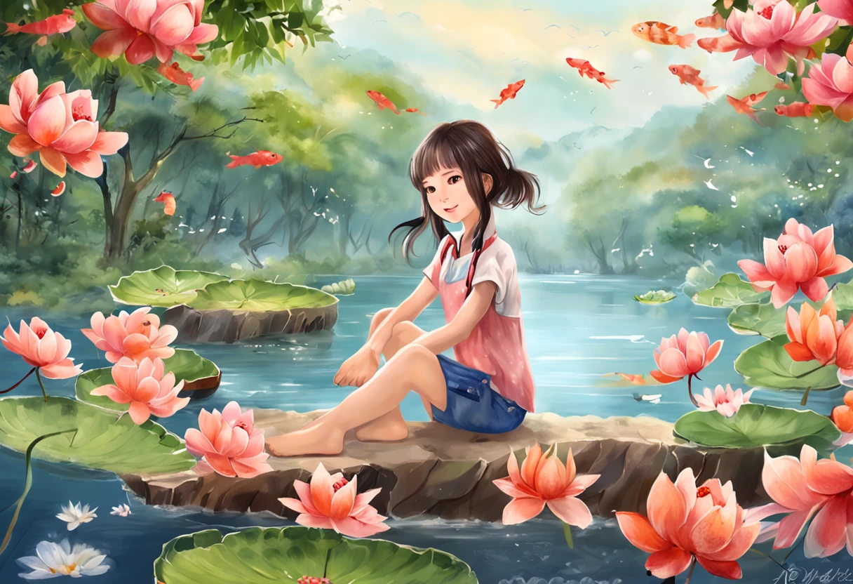 movie picture quality，China-style，Little girl sitting on giant koi flying in the sky，Thick clouds，Short hair and small braids，Denim suspenders，The barefoot，depth of fields，high light，Real light，Ray traching，oc rendered，Hyper-realistic，best qualtiy，8K，Works of masters，super-fine，Detailed pubic hair，Correct anatomy，sharp focus on eyes，Bokeh，Facial features are carefully depicted