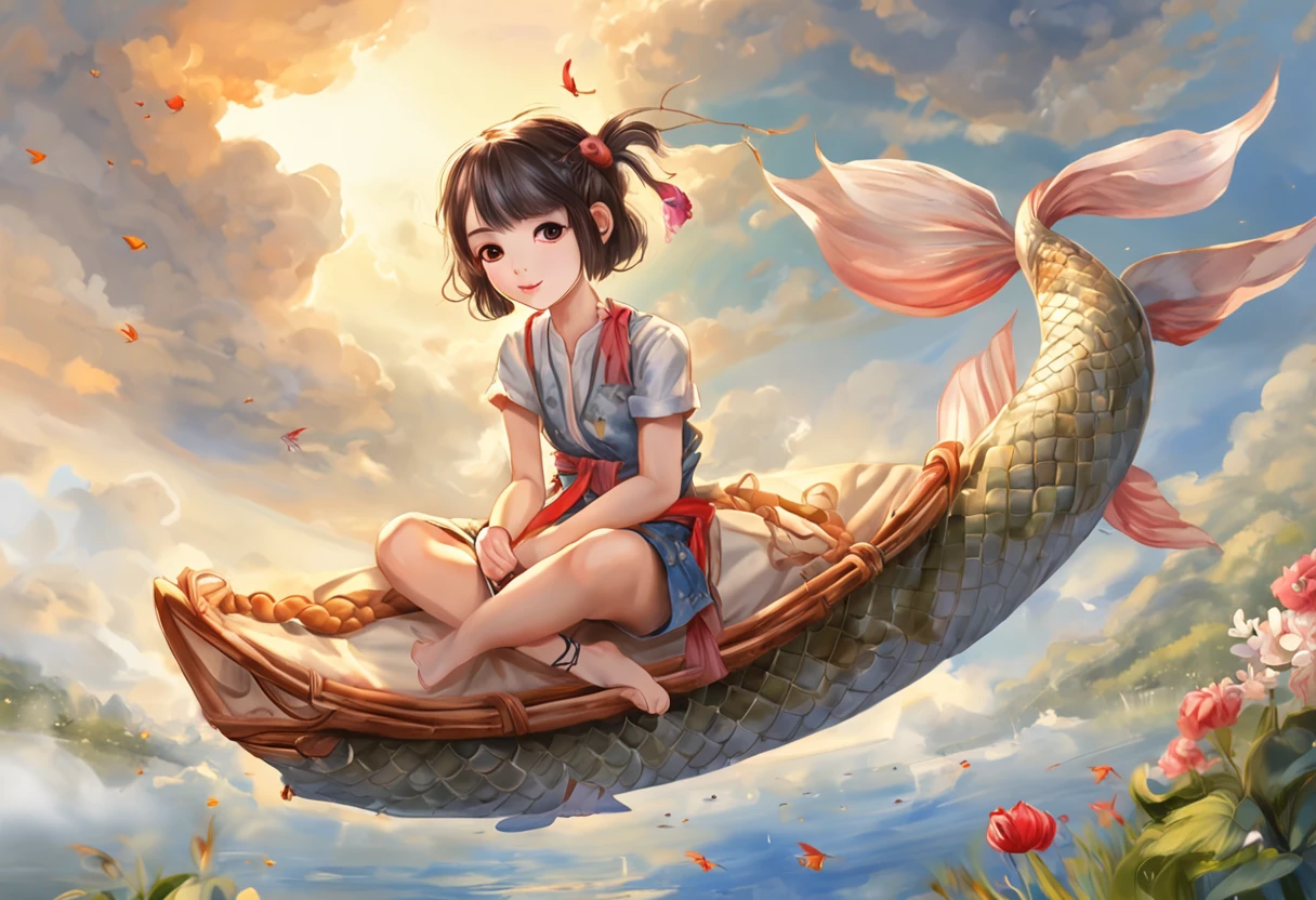 movie picture quality，China-style， girl sitting on giant koi flying in the sky，Thick clouds，Short hair and small braids，Denim suspenders，The barefoot，depth of fields，high light，Real light，Ray traching，oc rendered，Hyper-realistic，best qualtiy，8K，Works of masters，super-fine，Detailed pubic hair，Correct anatomy，sharp focus on eyes，Bokeh，Facial features are carefully depicted