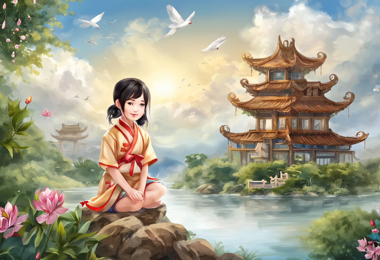 movie picture quality,China-style,Little girl sitting on giant koi flying in the sky,Thick clouds,Short hair and small braids,Denim suspenders,The barefoot,depth of fields,high light,Real light,Ray traching,oc rendered,Hyper-realistic,best qualtiy,8K,Works of masters,super-fine,Detailed pubic hair,Correct anatomy,sharp focus on eyes,Bokeh,Facial features are carefully depicted