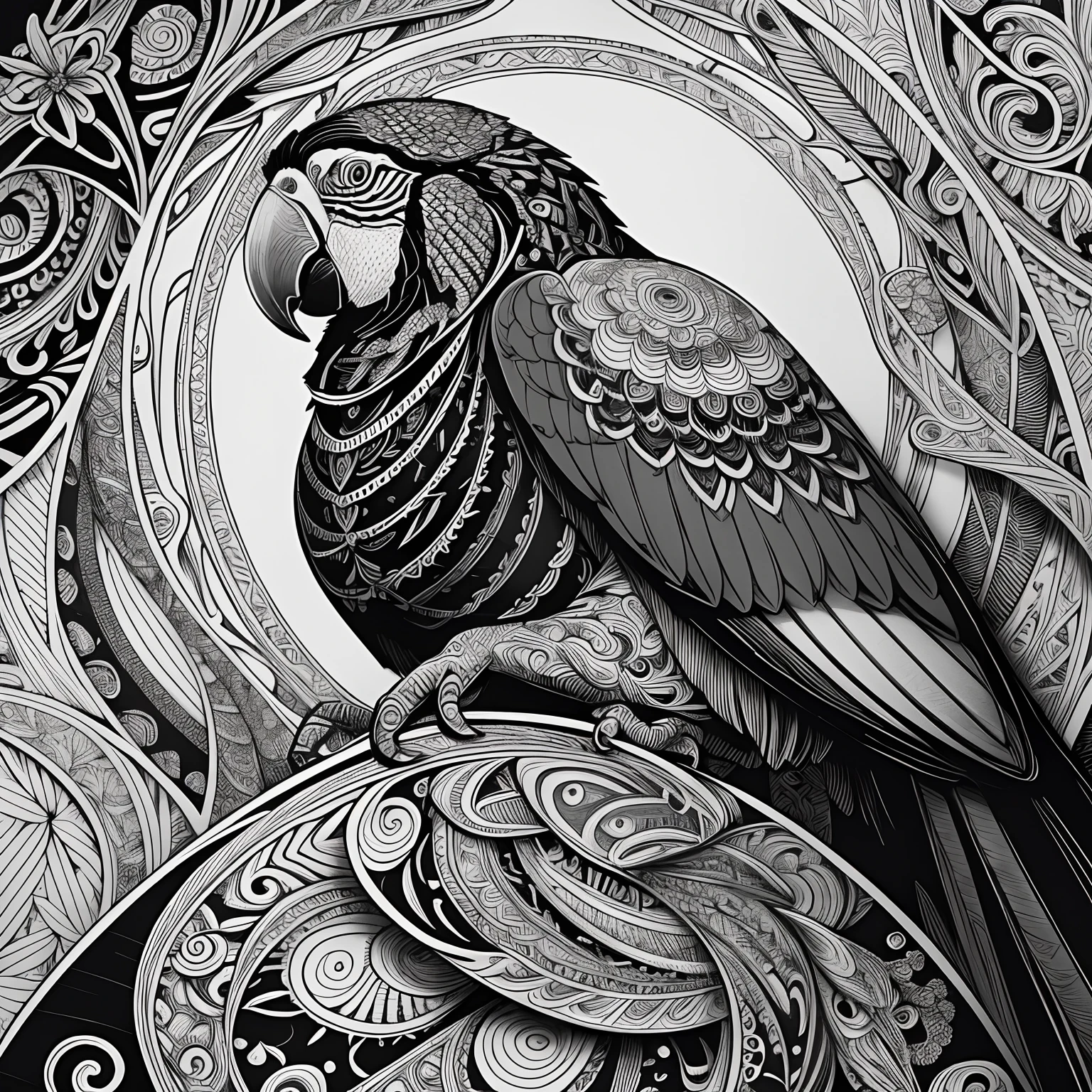 parrot, black and white, zentangle (best quality) ultra-detailed, fine line drawing, fine line art, coloring book illustration style, intricate linework, highly detailed illustration, perfect composition, beautiful and stunning, dynamic angle, high contrast, incredible shading, incredible detail, unique style, black and white details, (dark and mystical atmosphere), intricate and detailed nature elements.