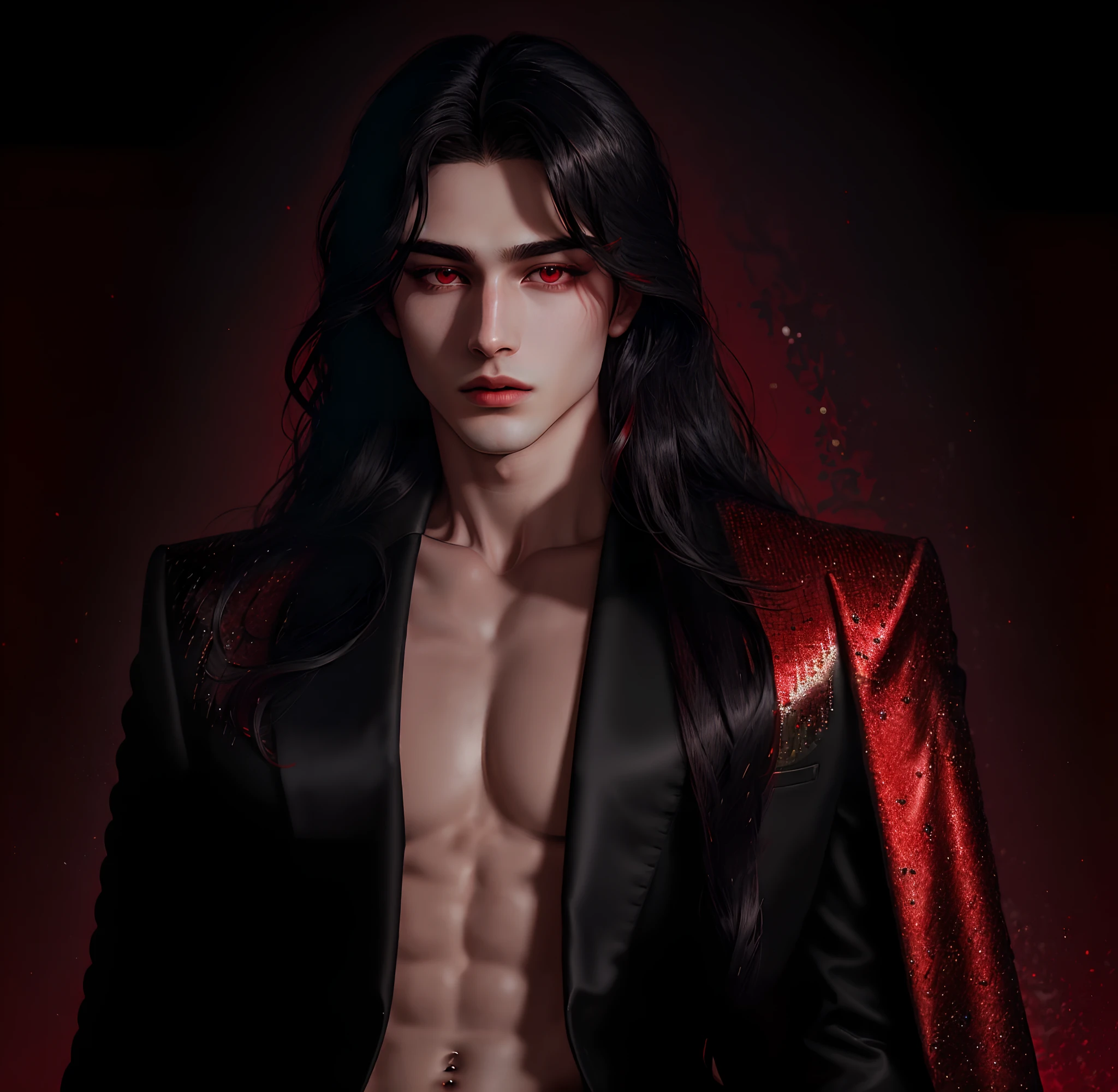 masterpiece, highest quality, (perfect full face:1.5), (high detail:1.1), long straight black hair, soft wild hair, (hyper detailed red eyes), solo ,1guy, long hair, luxury suit, photoshootset detailed background, 32k, covered navel, full lips, curvy guy, perfectly drawn face, cinematic lighting, red tetradic colors, balenciaga, glitter