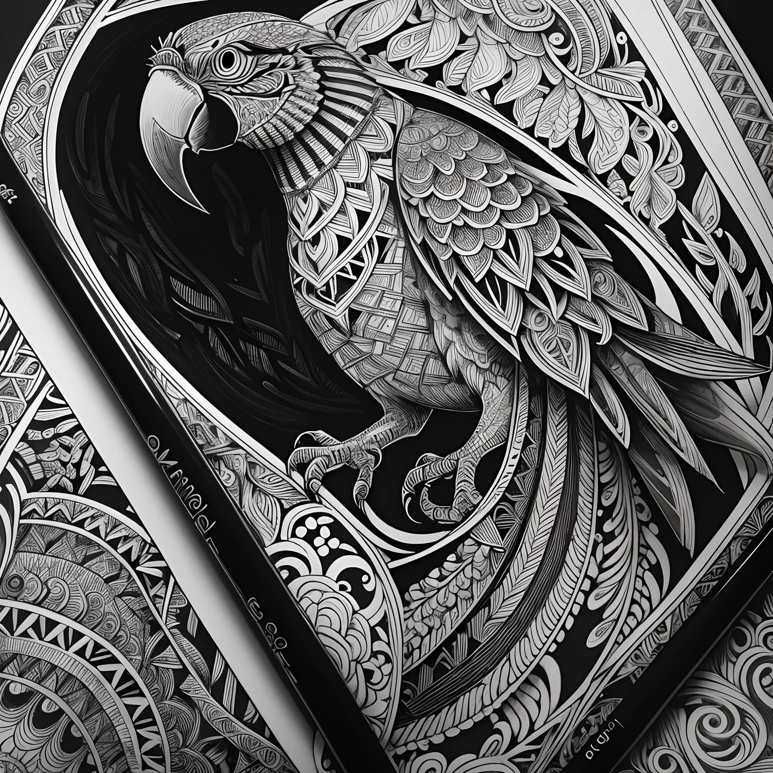 parrot, black and white, zentangle (best quality) ultra-detailed, fine line drawing, fine line art, coloring book illustration style, intricate linework, highly detailed illustration, perfect composition, beautiful and stunning, dynamic angle, high contrast, incredible shading, incredible detail, unique style, black and white details, (dark and mystical atmosphere), intricate and detailed nature elements.